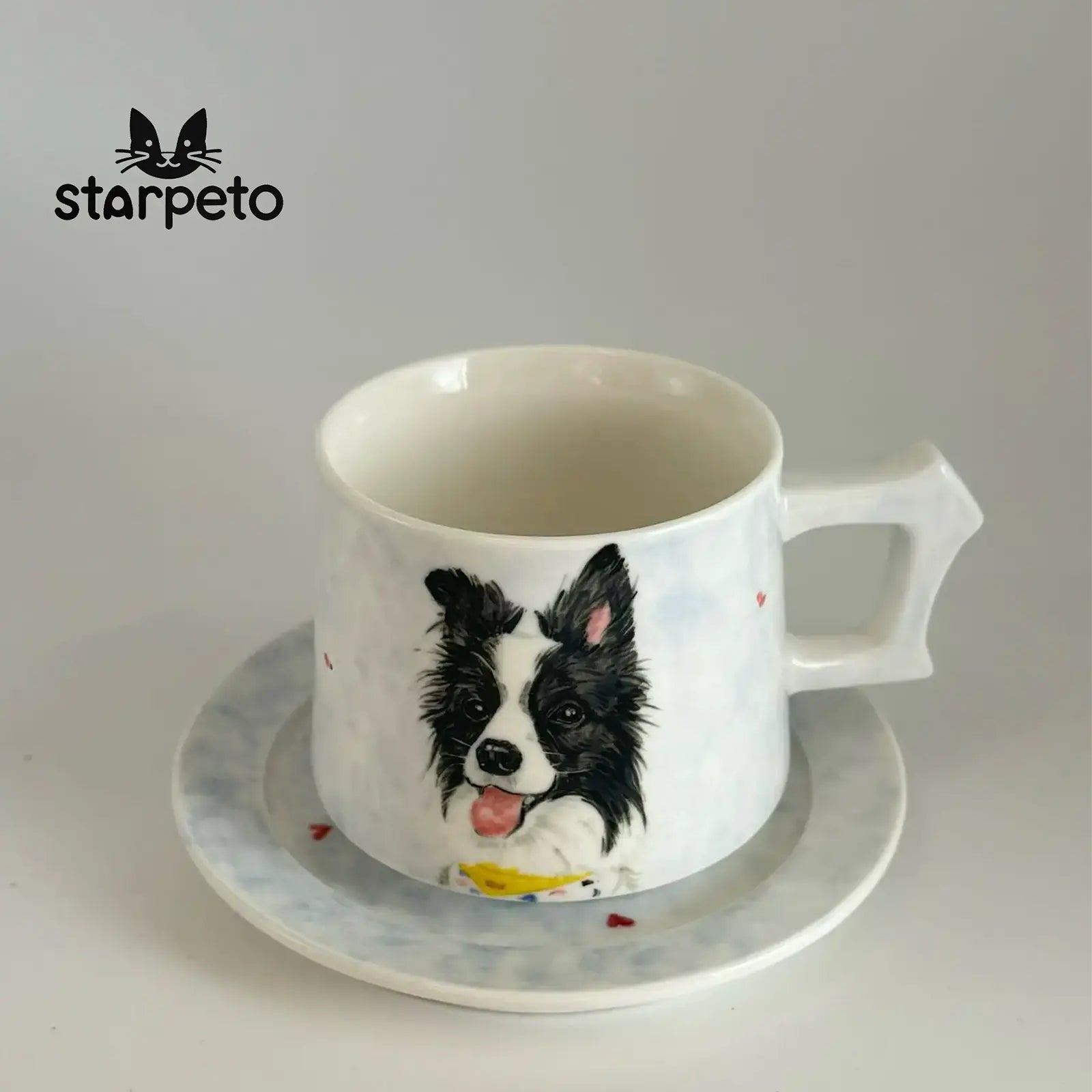 Custom hand painted pet mug made from ceramic, personalized with cat or dog portrait, perfect gift for pet lovers