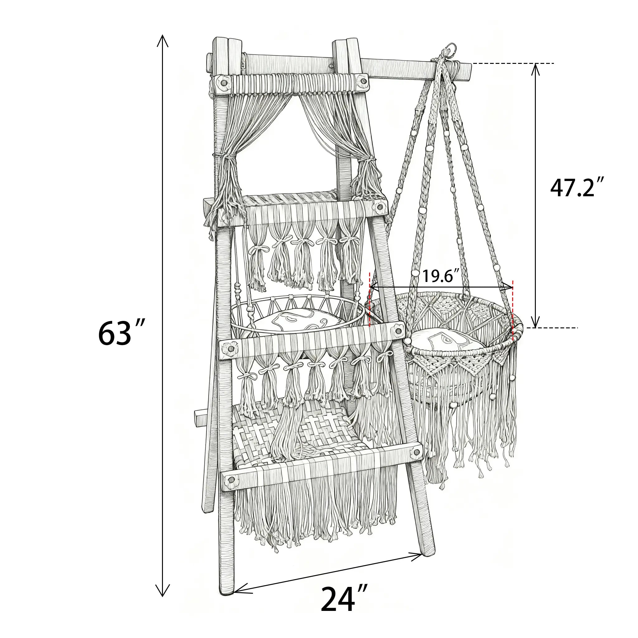 Original boho style cat tree design sketch with rattan and wood elements