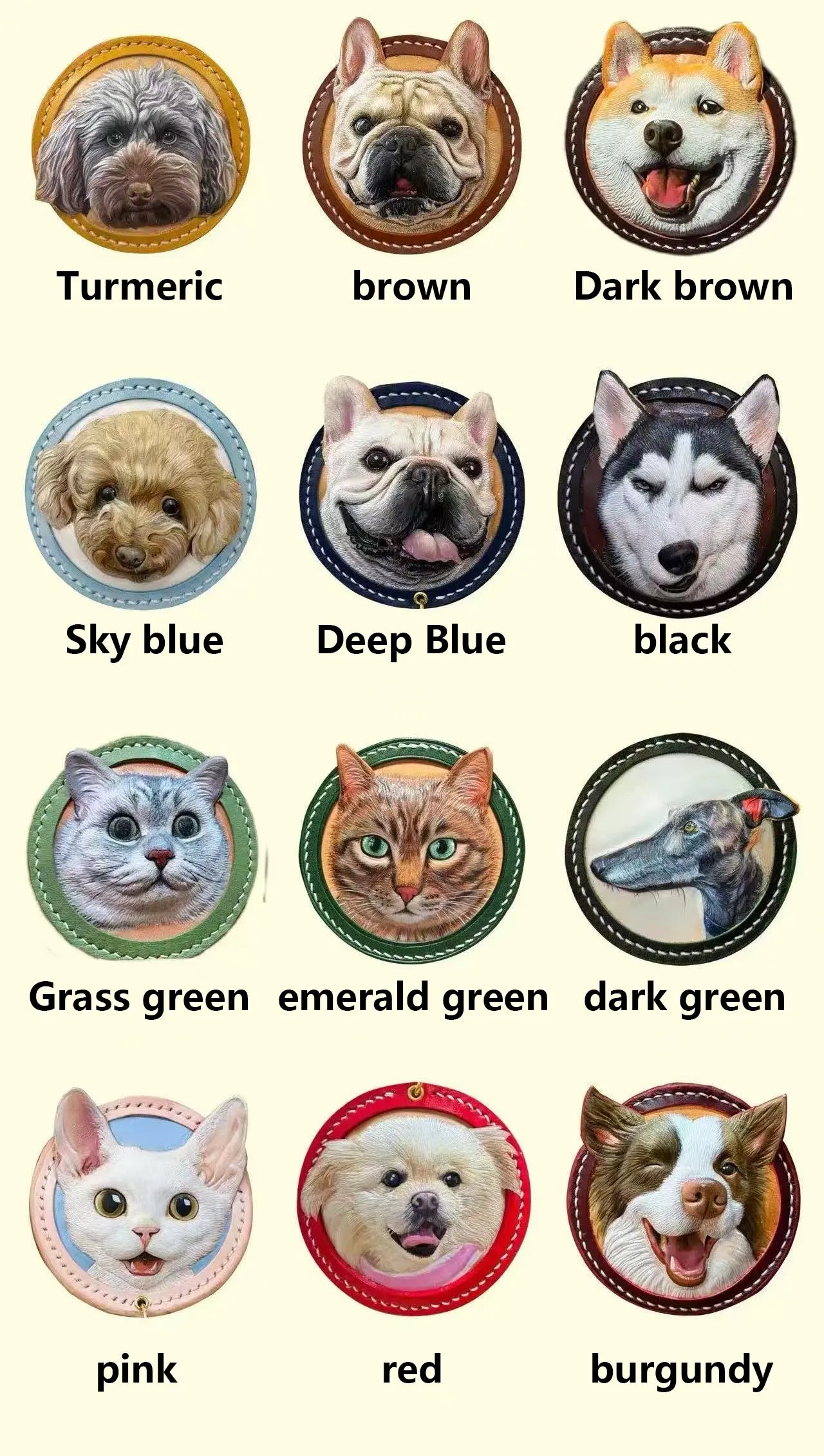 Available leather color options for custom pet portraits