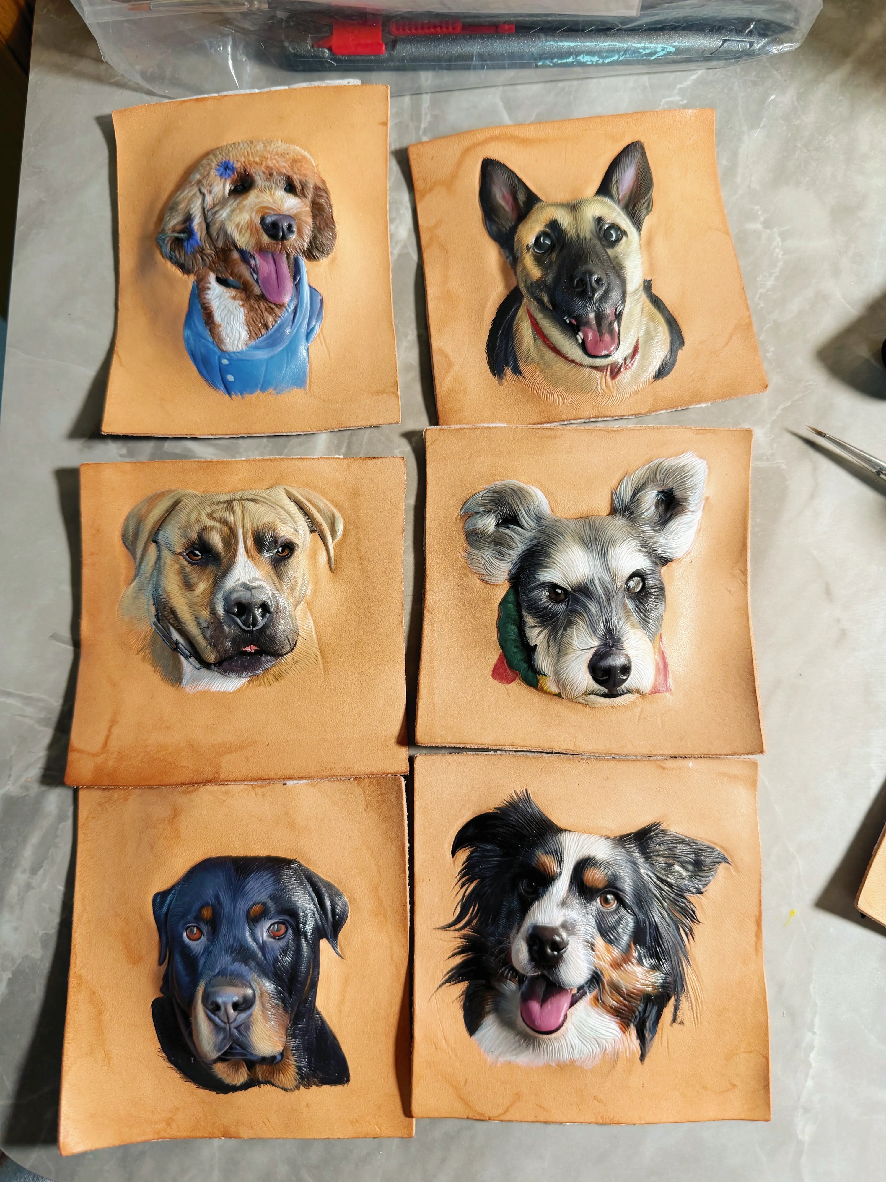 Detailed leather pet portrait showcasing expert craftsmanship