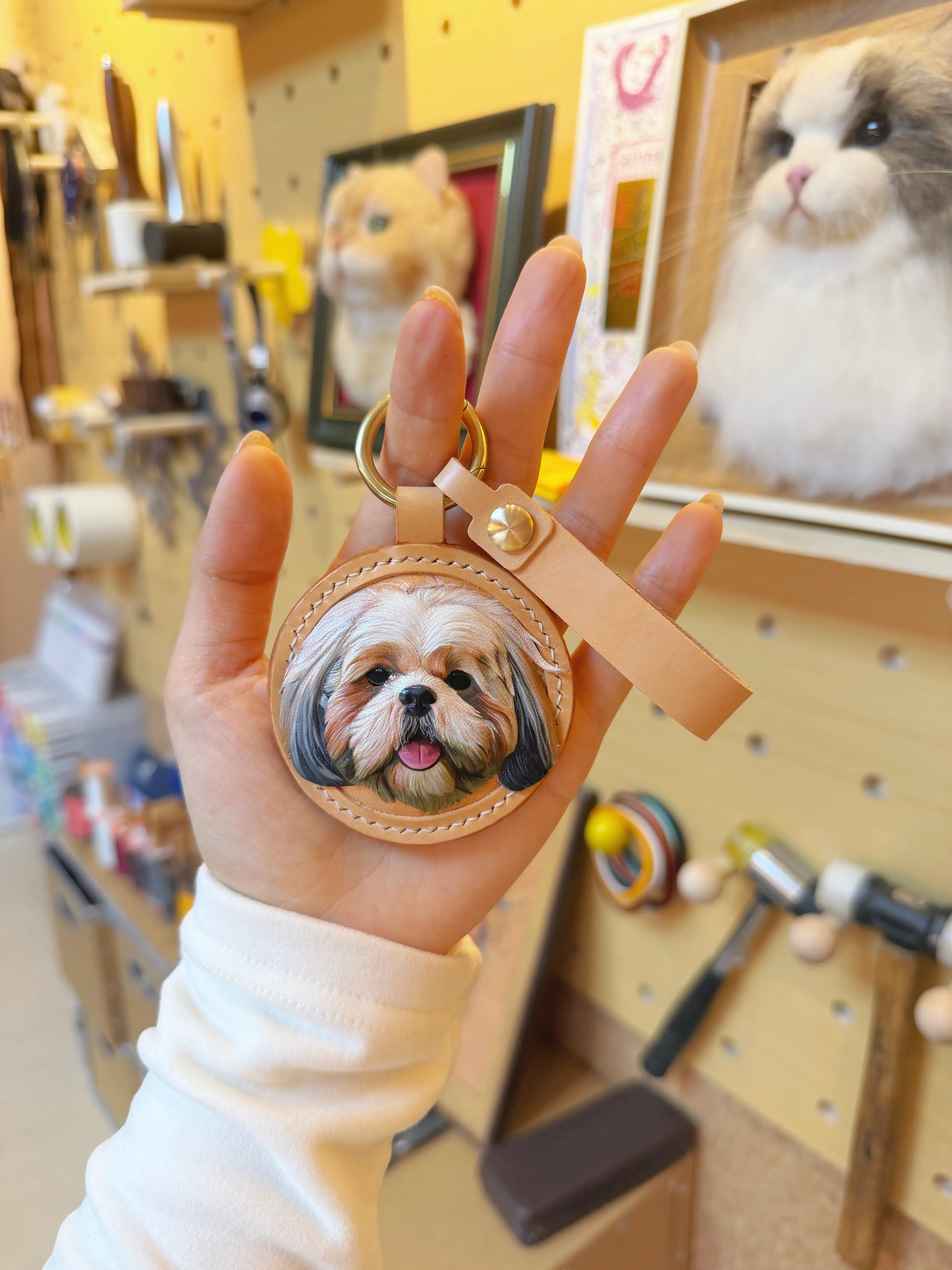Handcrafted leather pet portrait with realistic engraved details