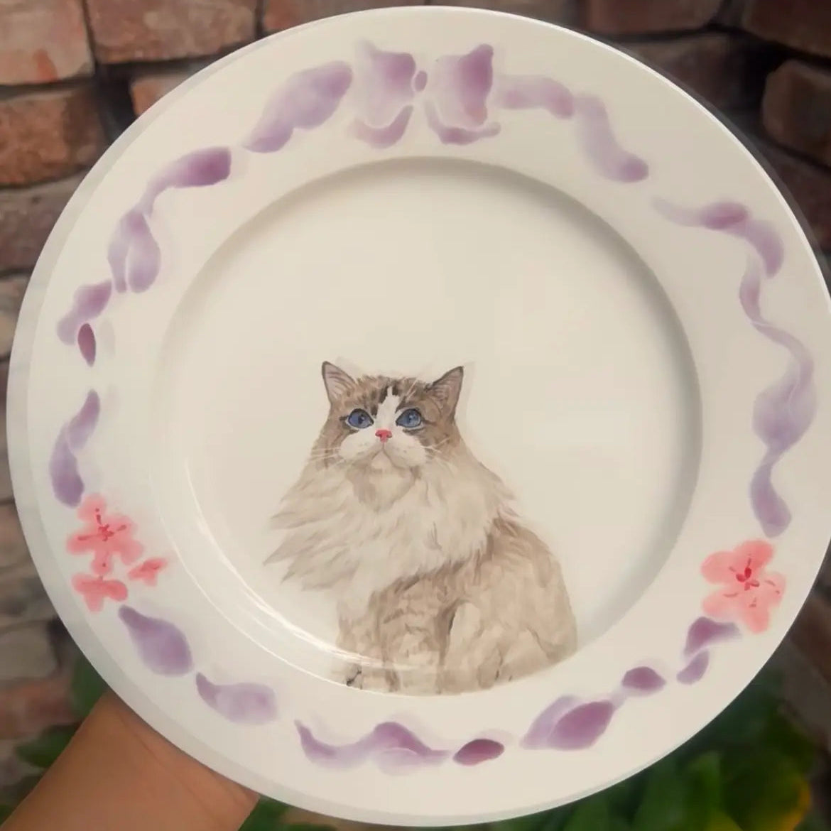 Handmade ceramic bowl featuring custom portraits of cat, dog, or rabbit, personalized pet bowl design