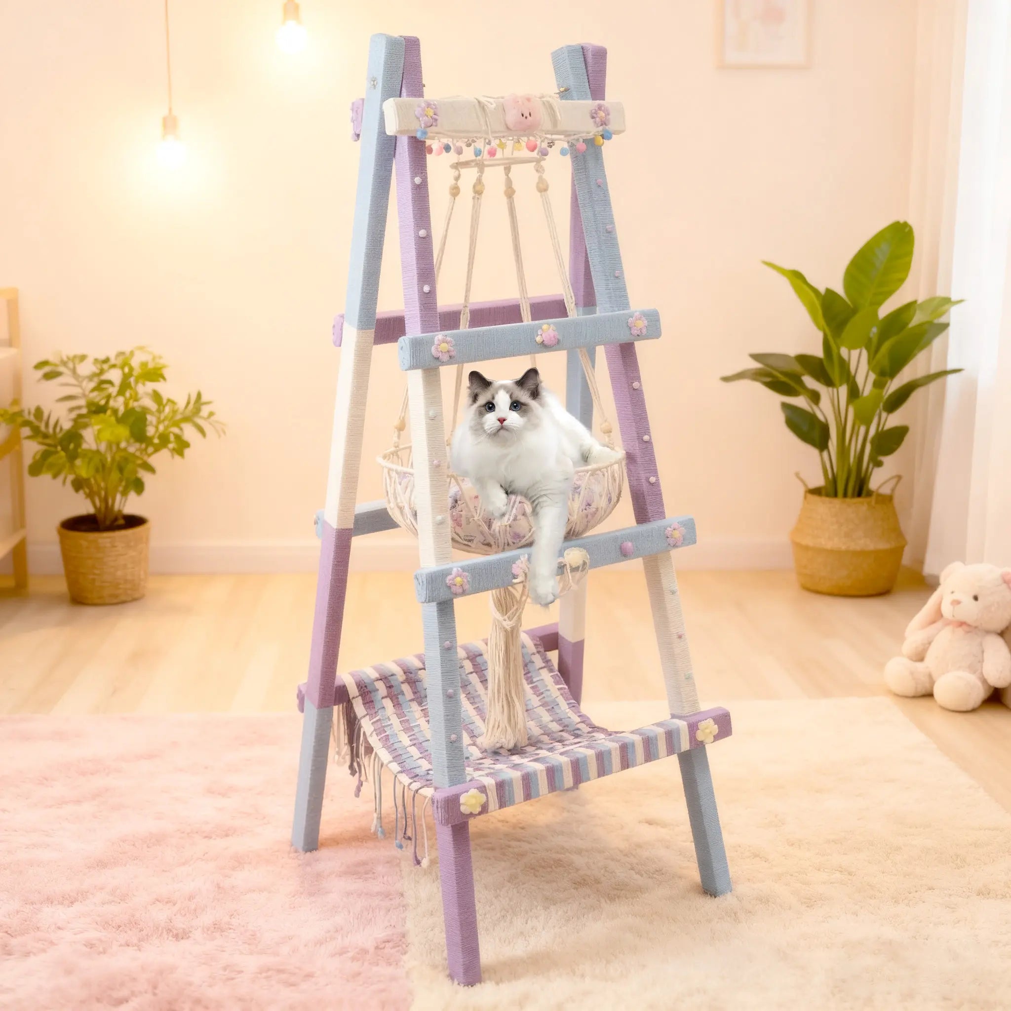 Aesthetic lavender cat tower placed in living room, soft tones and sleek design blending with modern interior.