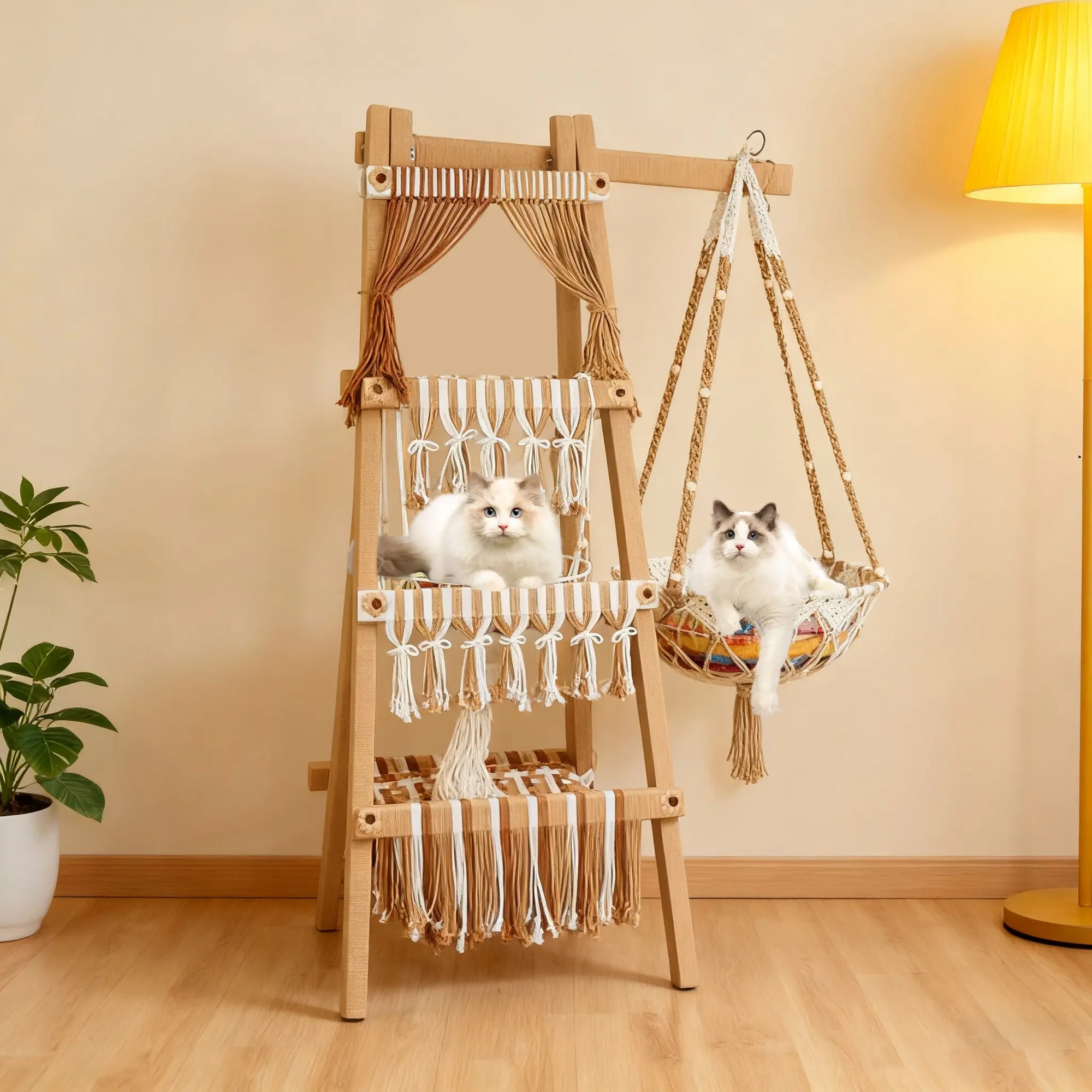 Handmade rattan detail of boho style cat tree