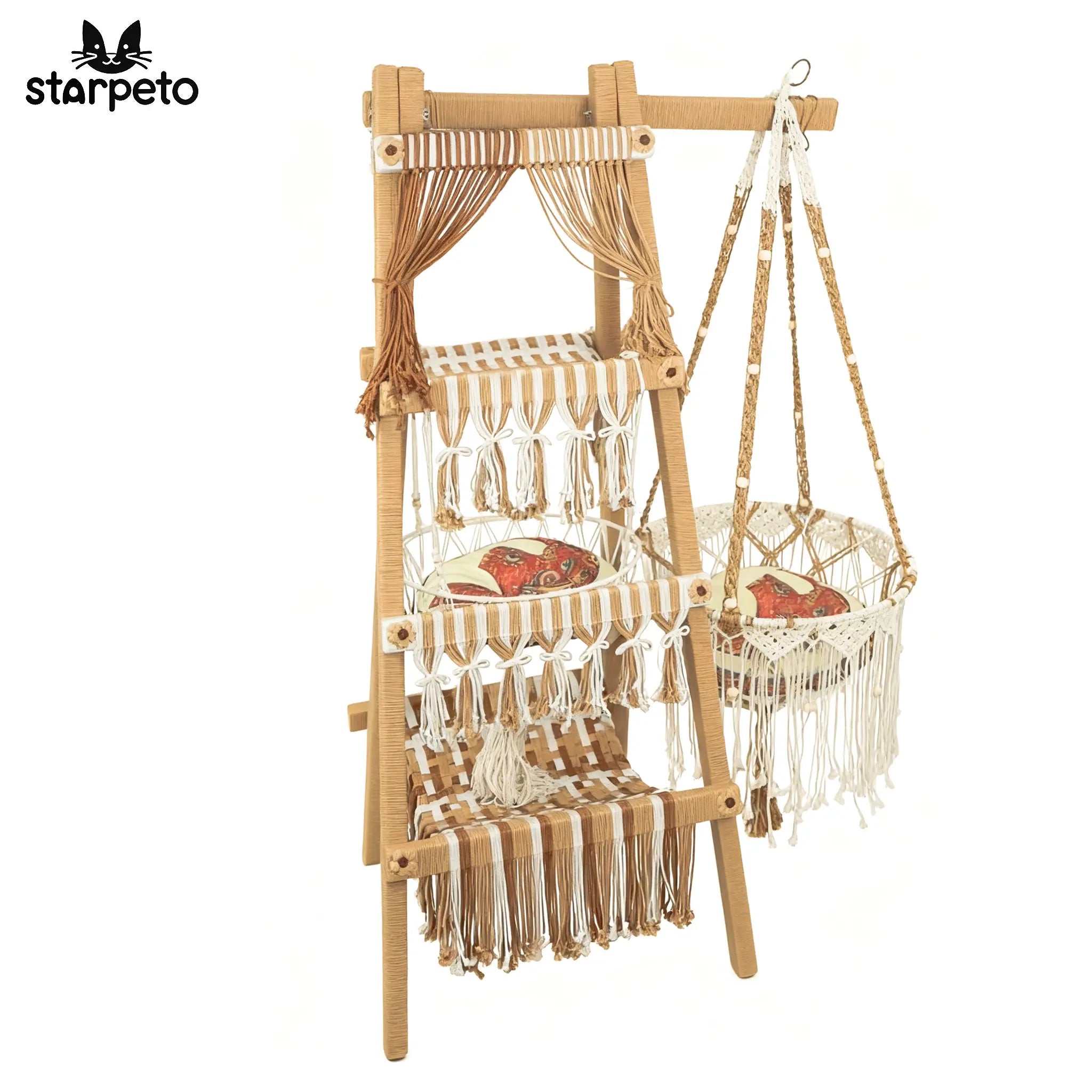 Boho style cat tree with natural rattan and wood for indoor cats