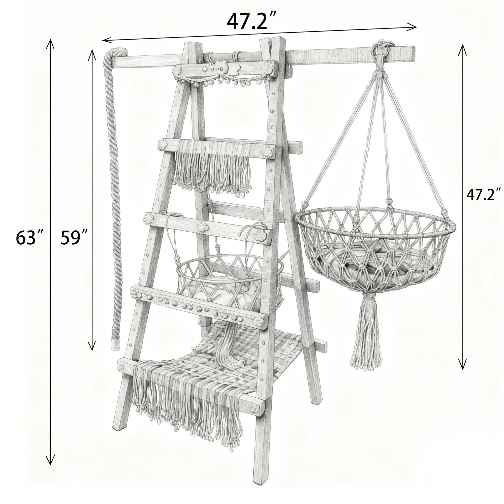 Original boho dopamine color cat tree design sketch featuring hanging plants and natural jute rope play structure.