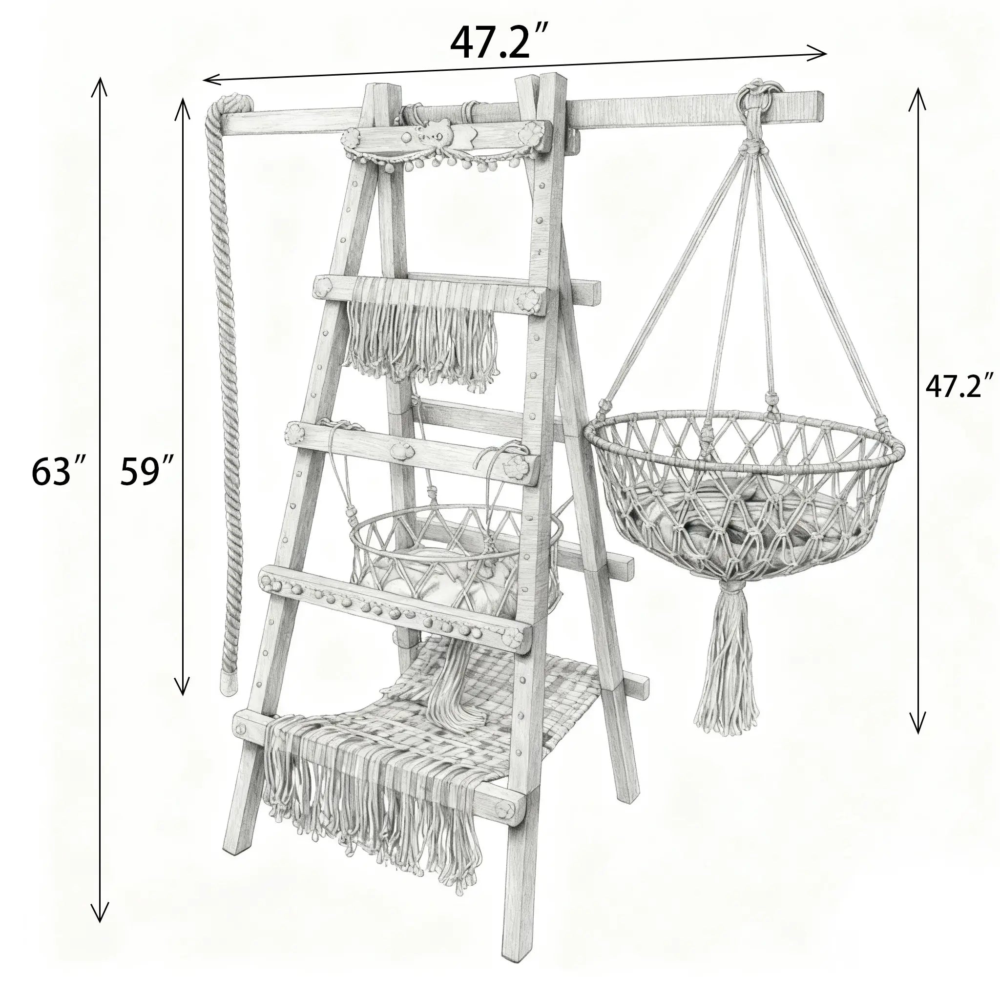 Original boho dopamine color cat tree design sketch featuring hanging plants and natural jute rope play structure.