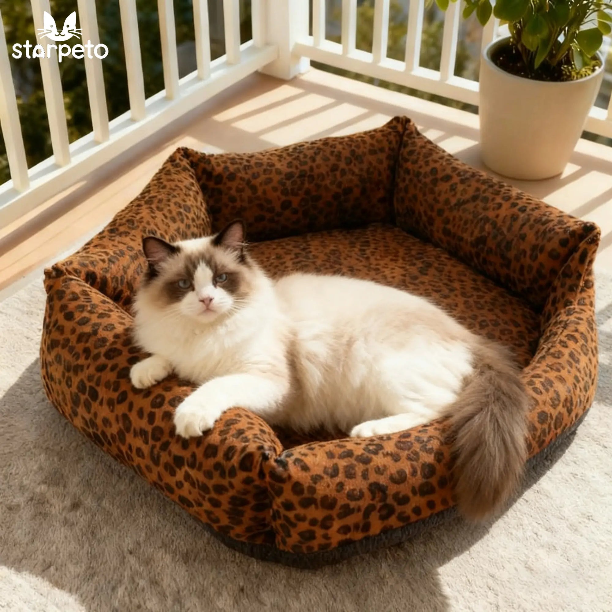 Brown leopard print cotton cat bed with plush comfort for indoor cats