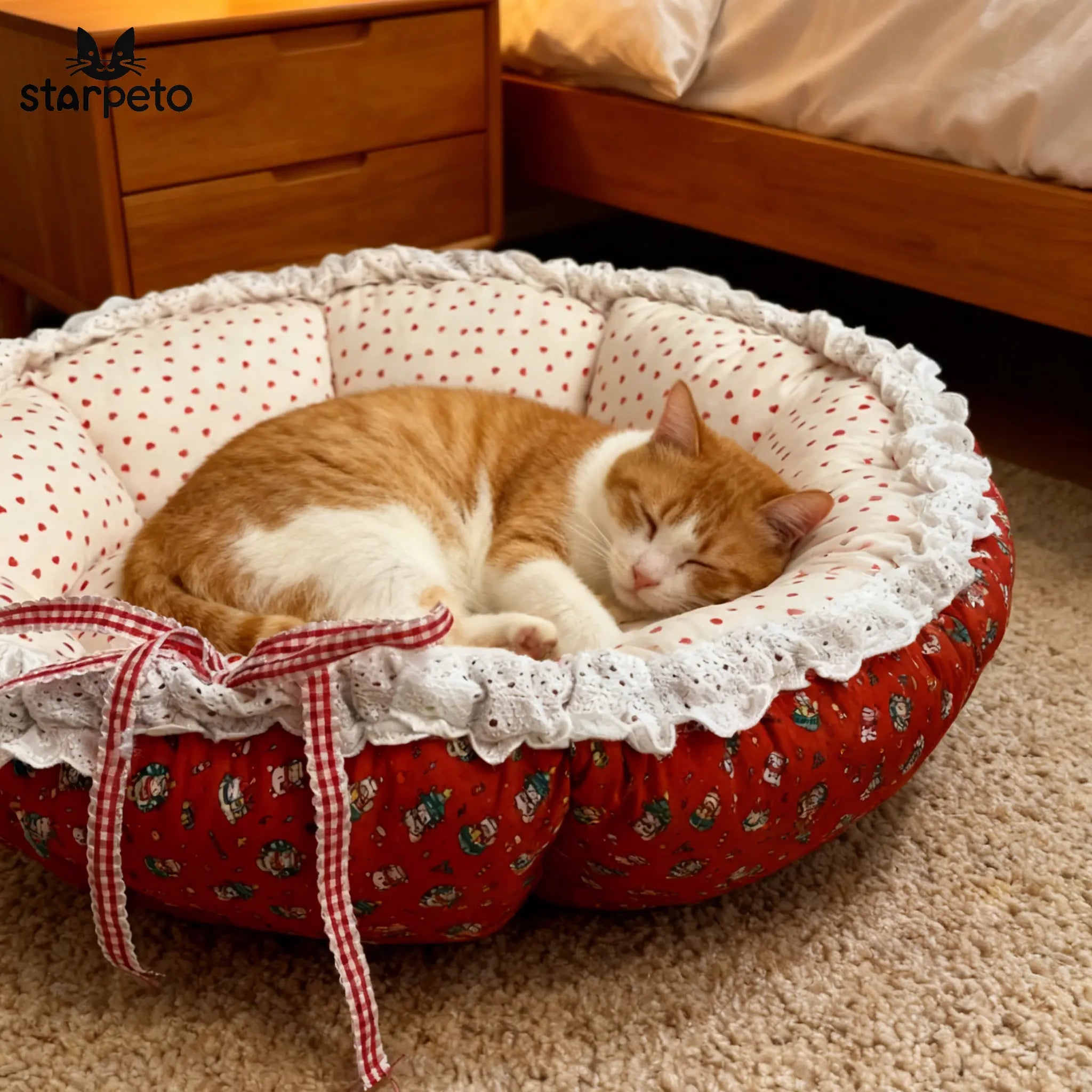 Cute kitten sleeping cozily in a pumpkin-shaped, 3-in-1 convertible cat bed with festive Christmas decorations. Reversible red and green holiday plaid pattern.