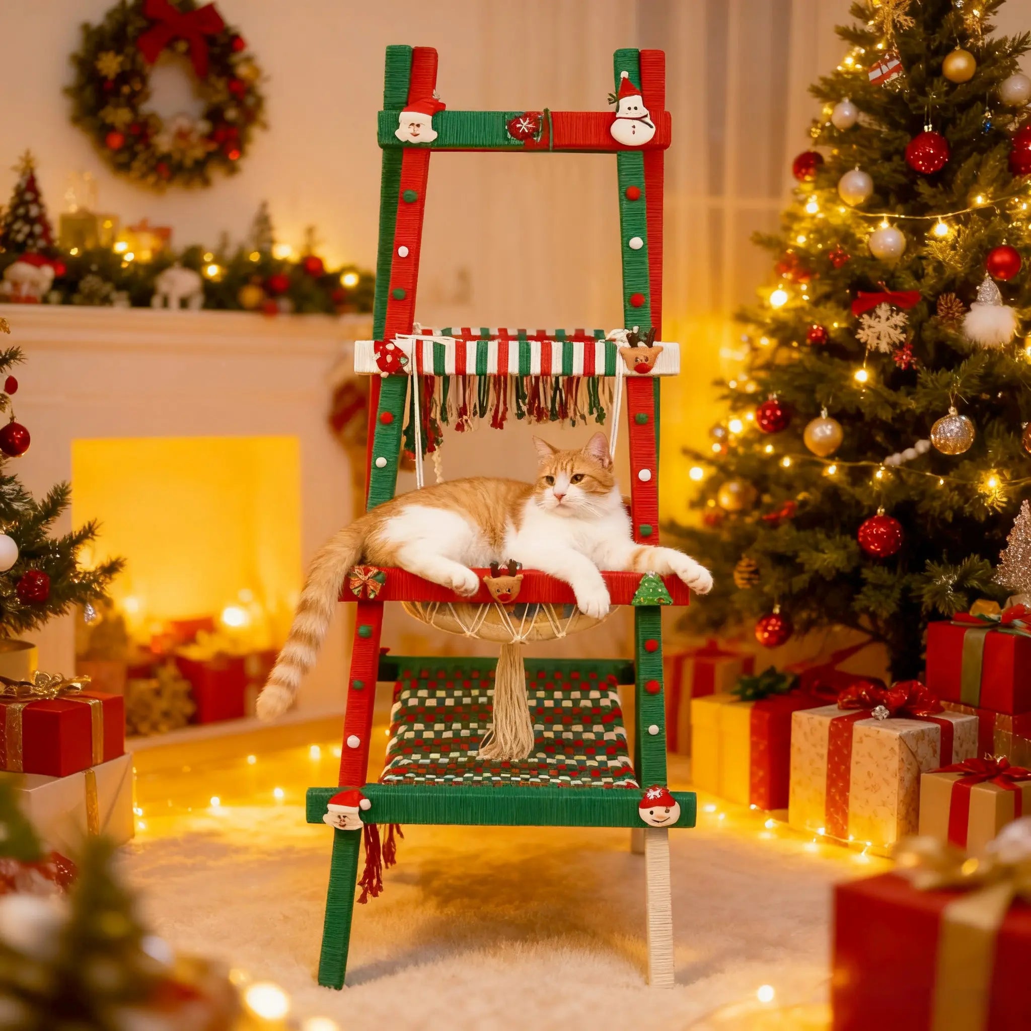 Holiday themed cat tree with Christmas decorations, indoor cat furniture for festive home