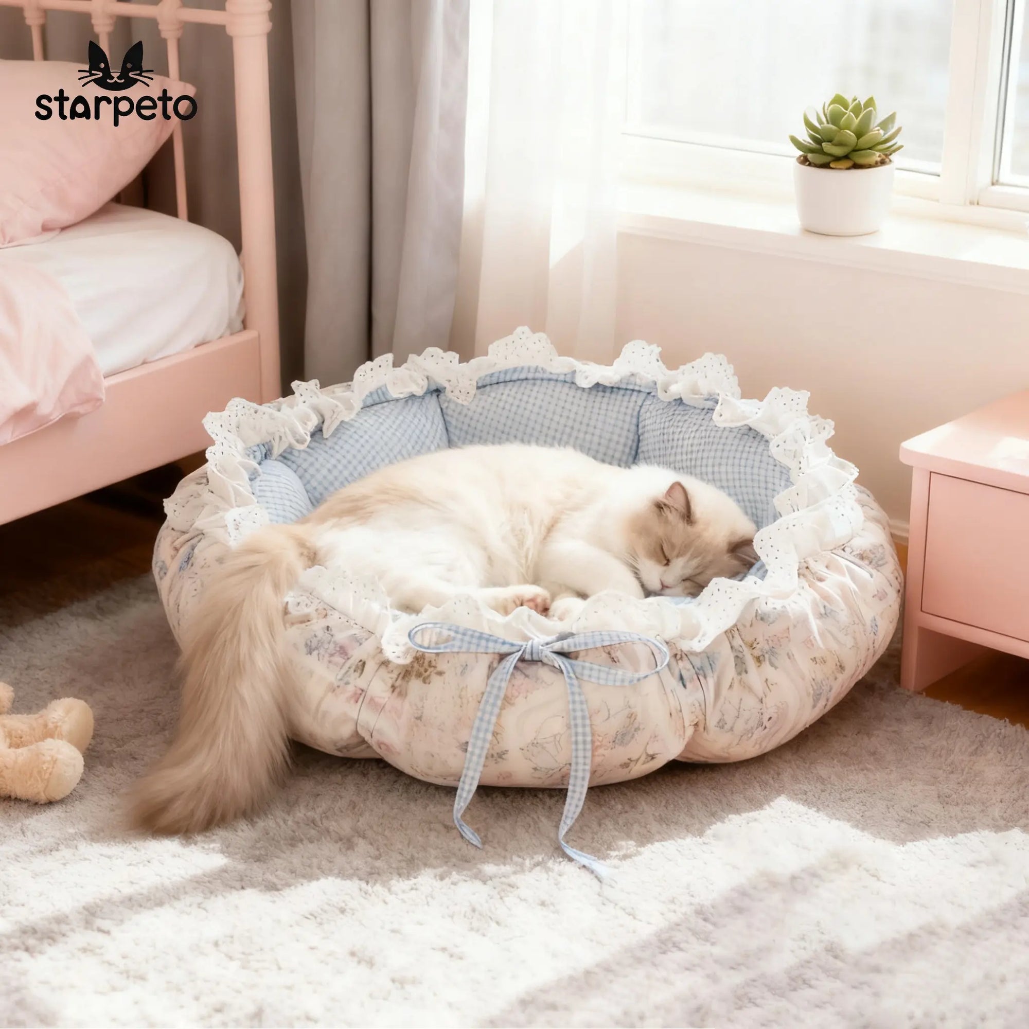Cat lying on a decorative pet bed with lace trim in a cozy room.