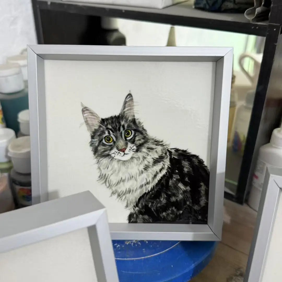 Custom pet portrait photo frame with personalized artwork, handmade from your pet photo