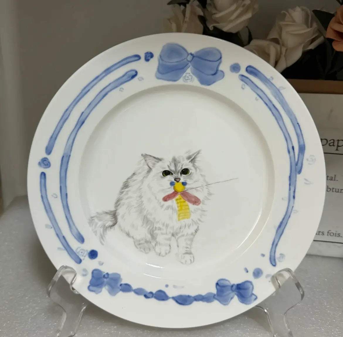 Custom hand-painted pet portrait ceramic pasta bowl, personalized from customer photo, unique handmade pet gift