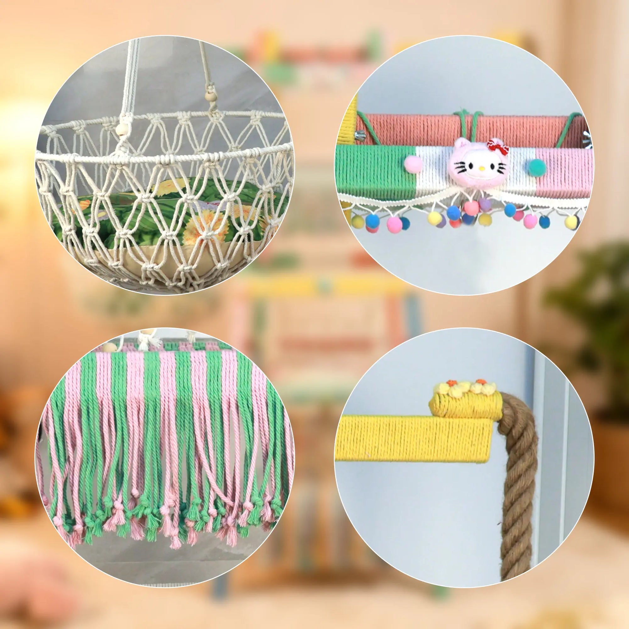 Close-up details of dopamine color cat tree showing jute rope play area and eco-friendly hanging plants design.