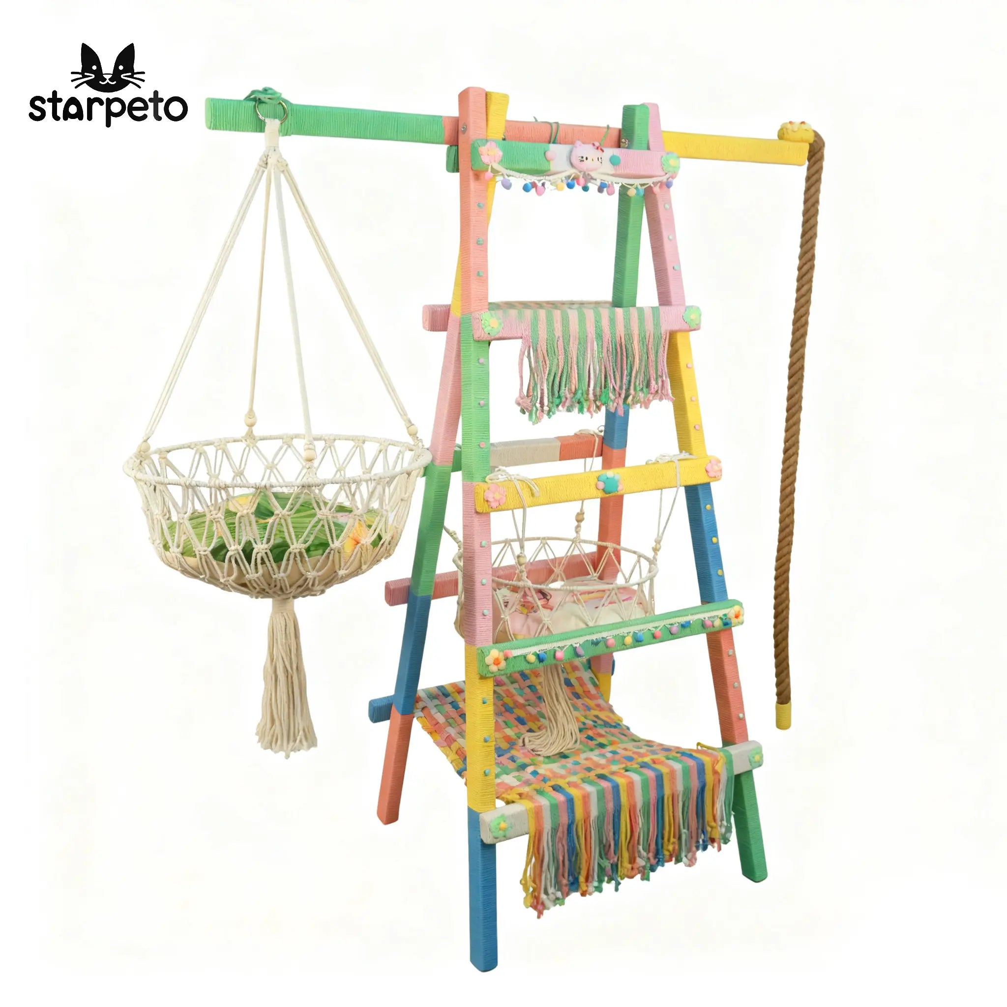 Dopamine color cat tree with hanging plants and jute rope play area, pastel modern cat tower for active cats.