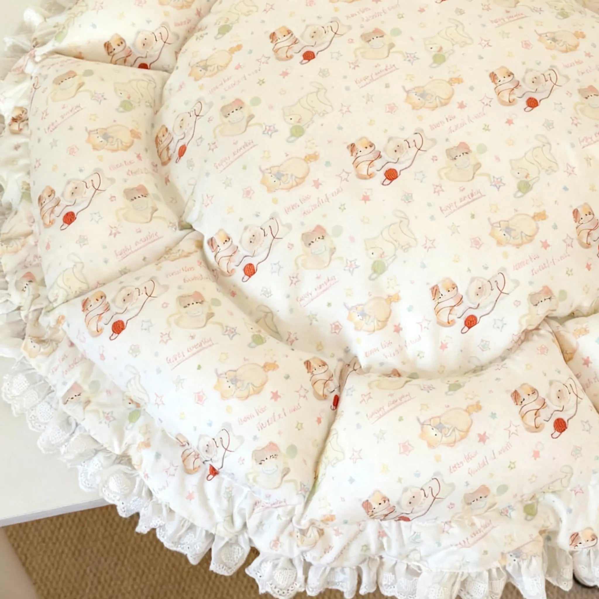 A cat rests on a green polka-dot reversible cat bed in the living room, highlighting its machine washable design and high-quality PP cotton lining.