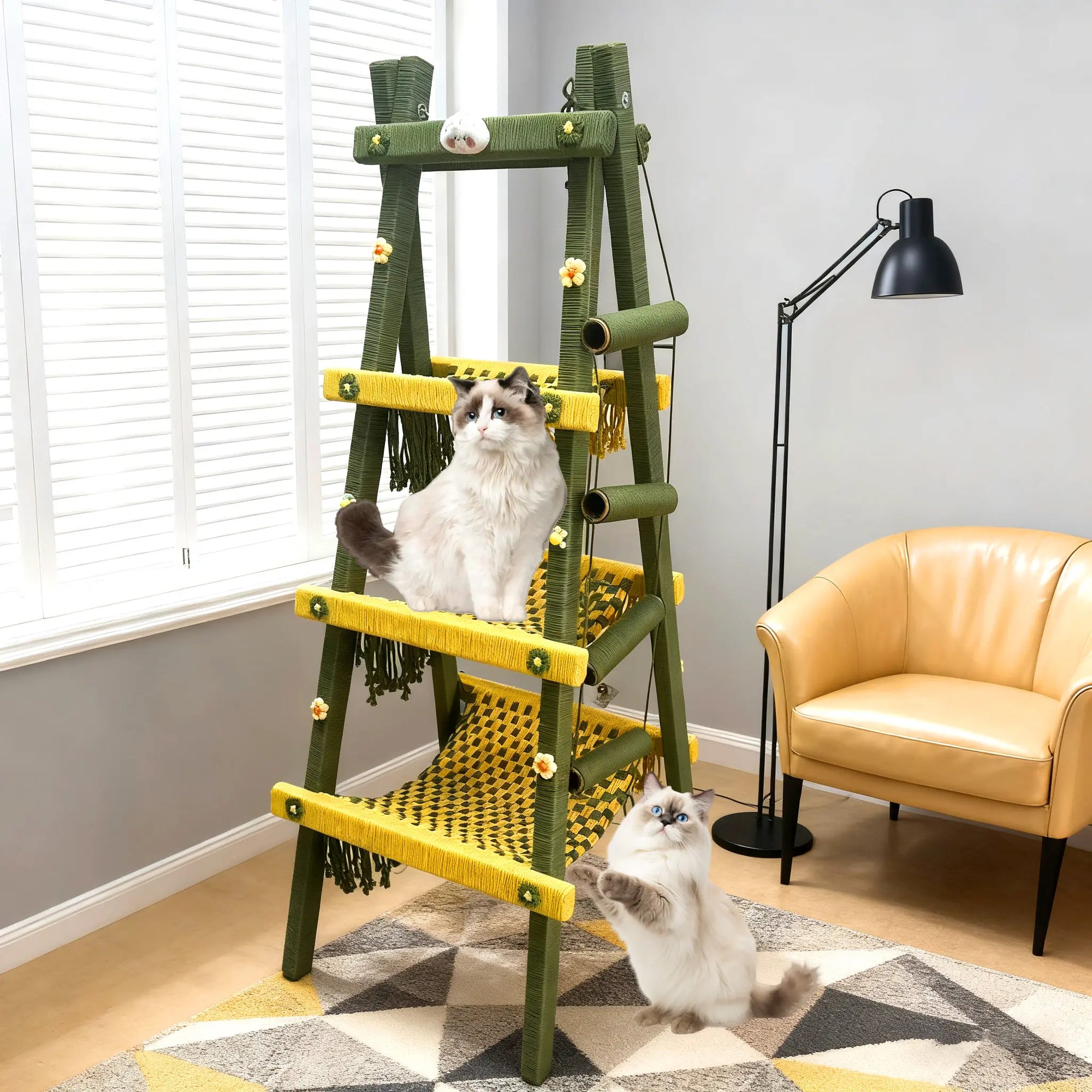 Modern forest green cat tower placed in a bright corner with natural light, durable and elegant cat furniture.