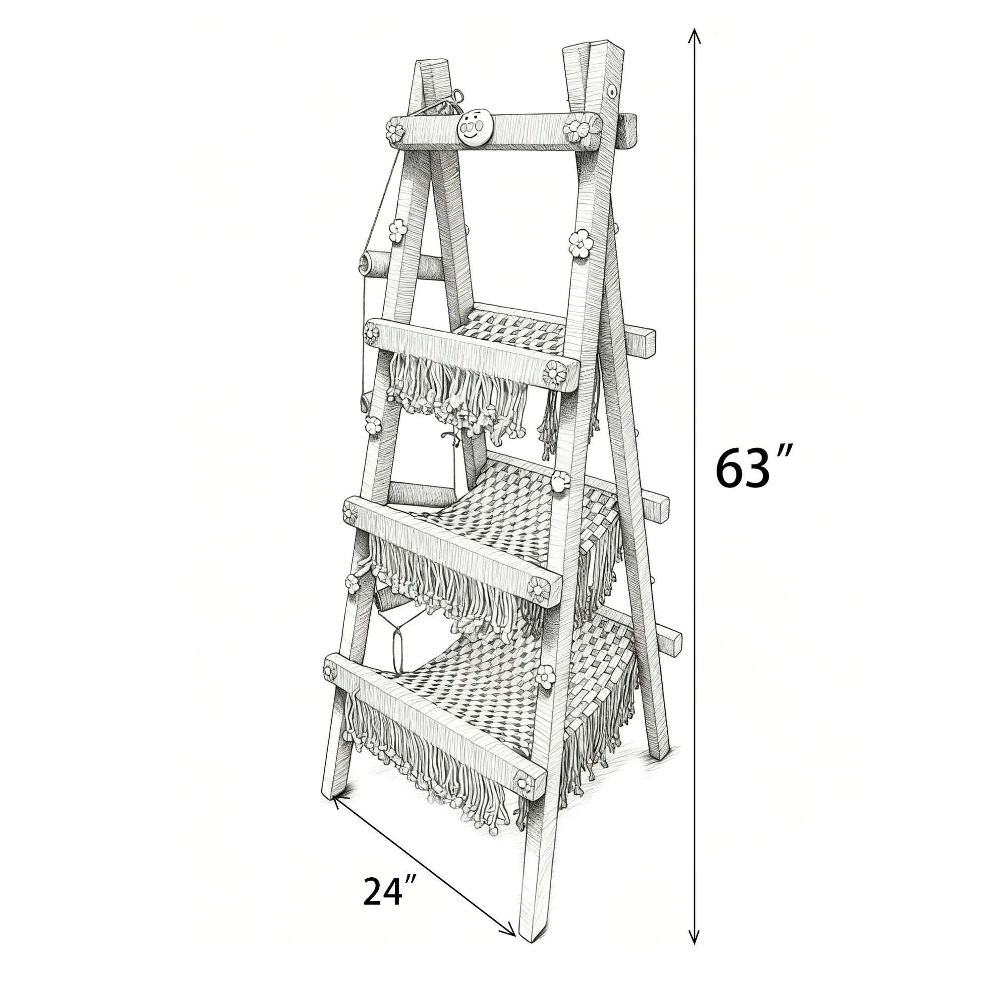 Design sketch of forest green cat tree inspired by nature, multifunctional structure with climbing, scratching, and resting zones.