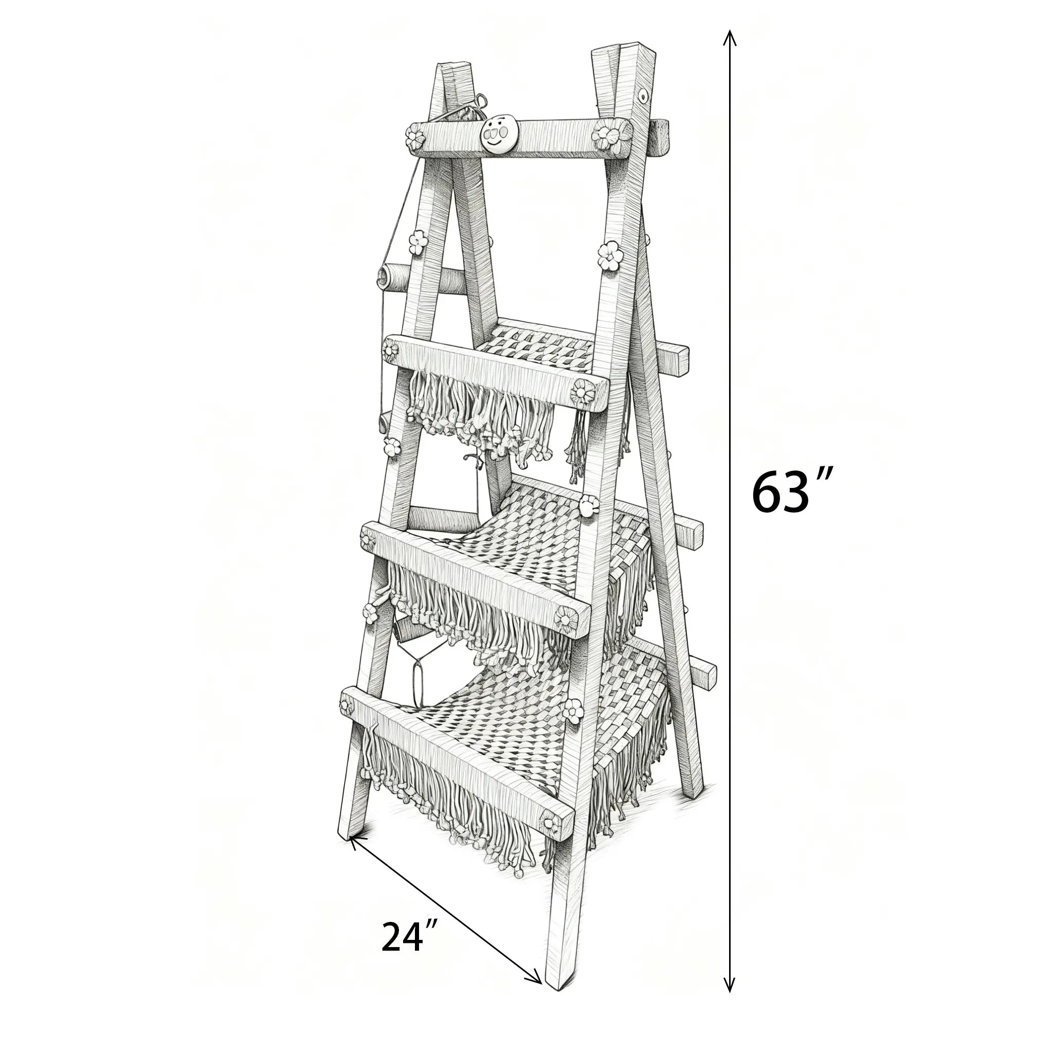 Design sketch of forest green cat tree inspired by nature, multifunctional structure with climbing, scratching, and resting zones.