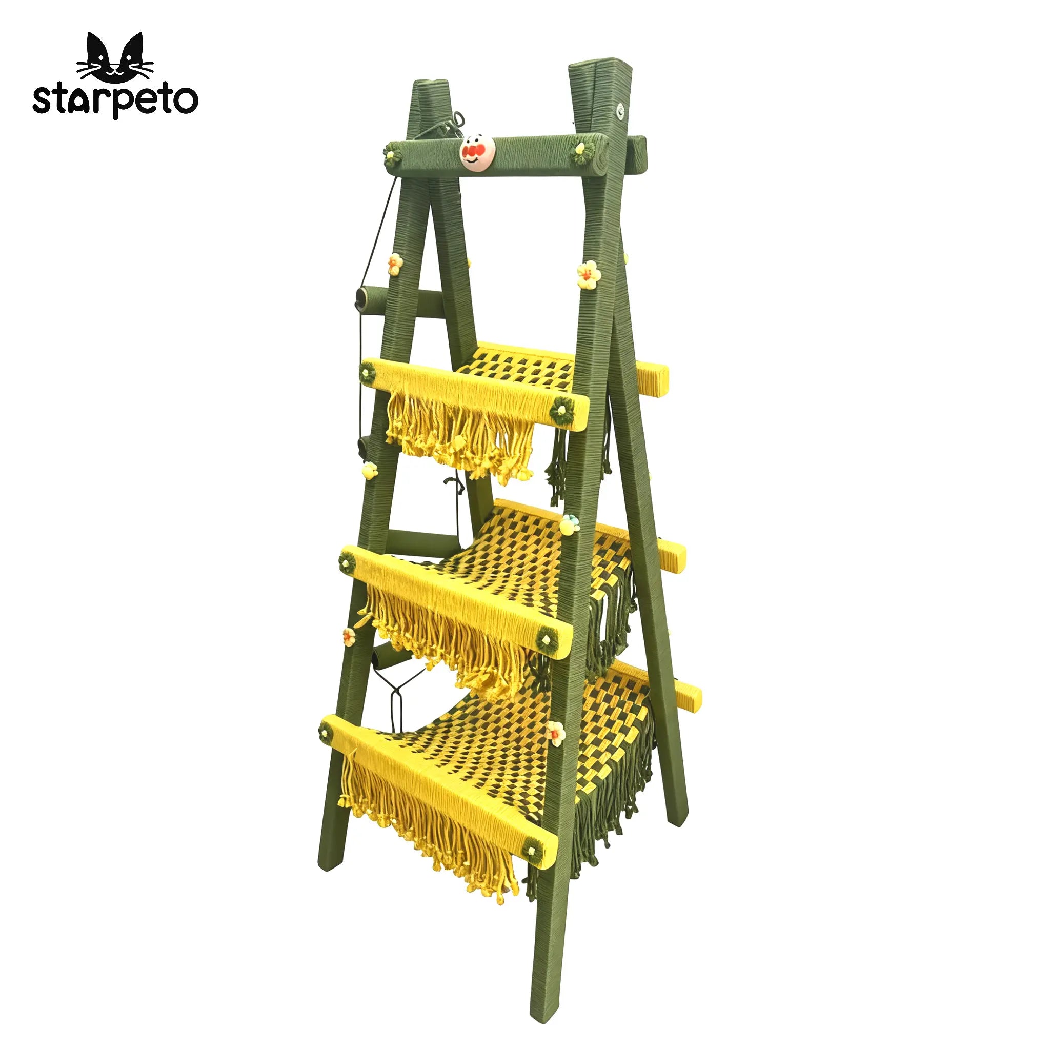 Forest green cat tree made of natural wood and soft fabric, modern eco-friendly cat furniture for playful indoor cats.