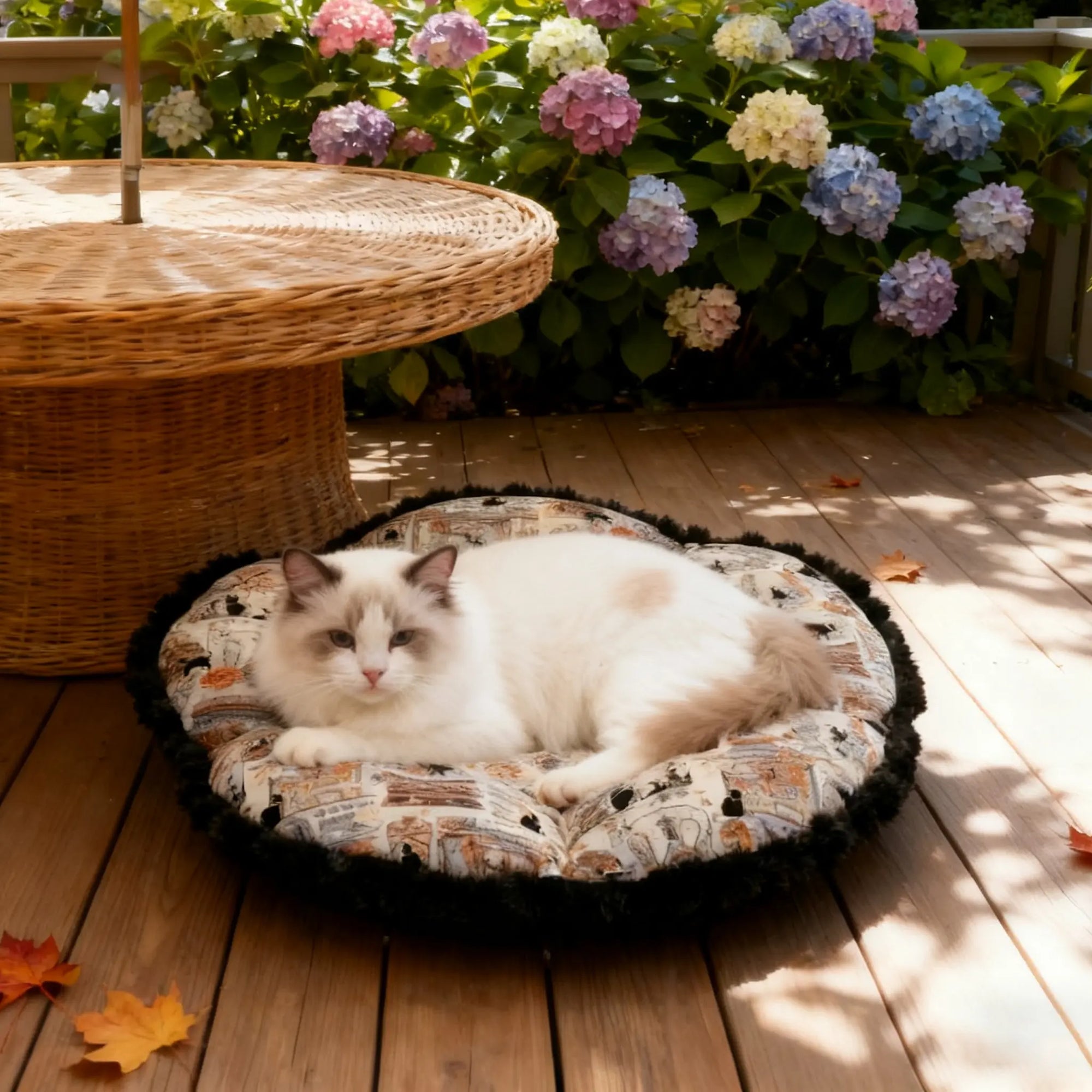 Cozy indoor cat relaxing on a French aesthetic cotton cat bed in a Parisian-inspired home setting