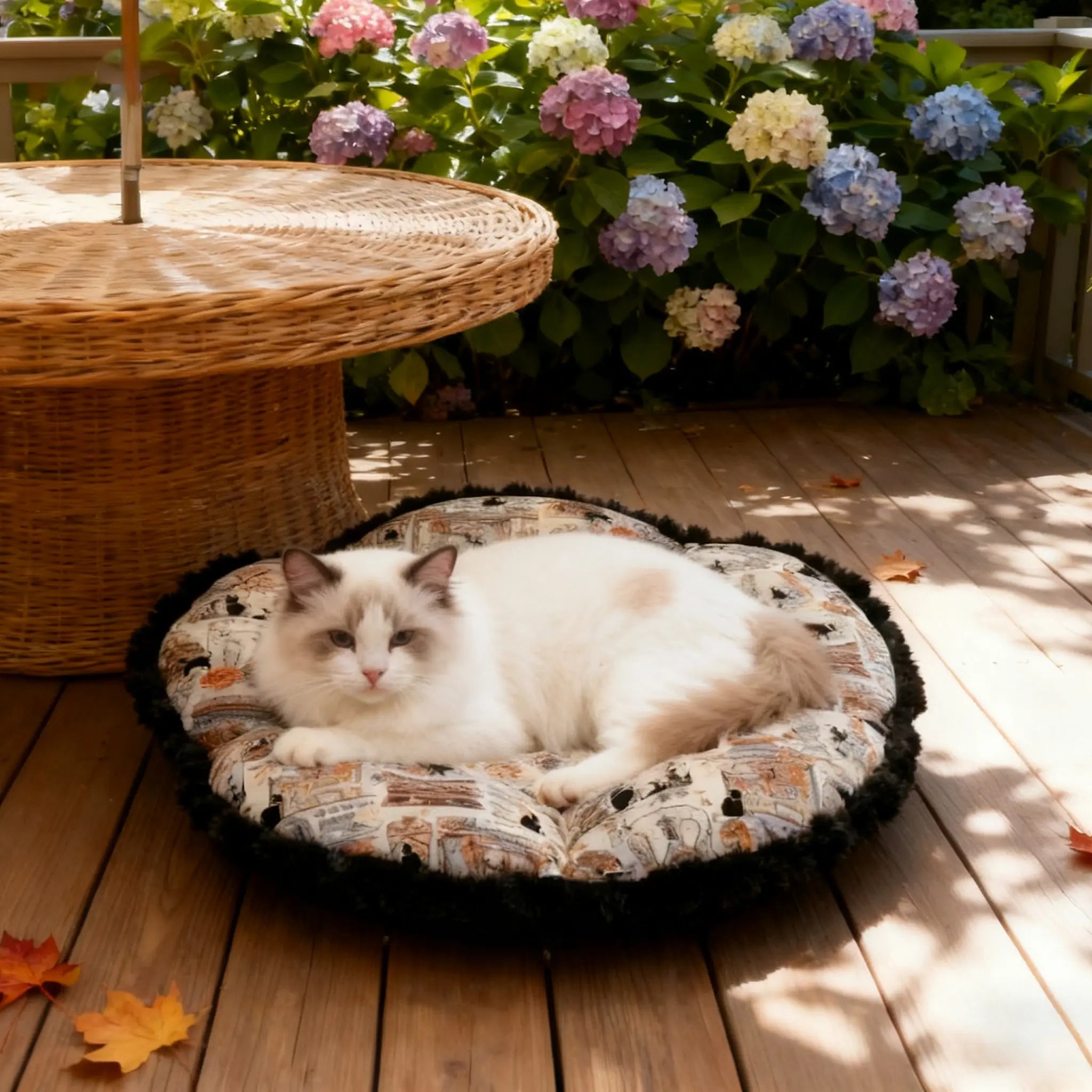 Cozy indoor cat relaxing on a French aesthetic cotton cat bed in a Parisian-inspired home setting