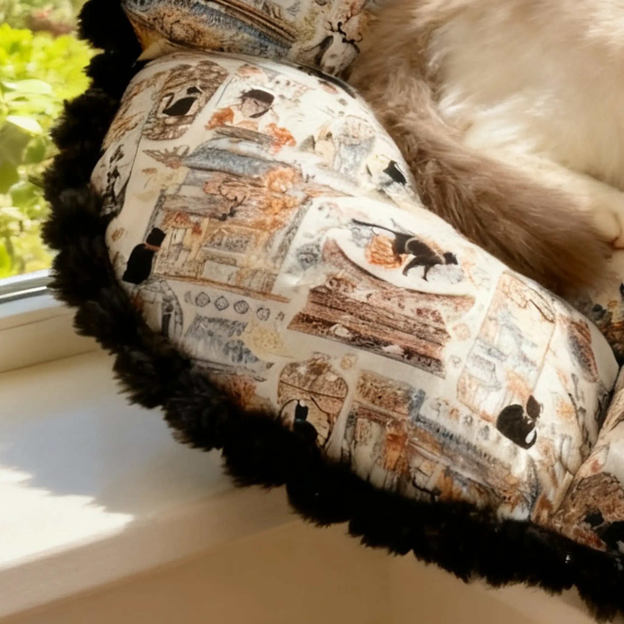 Close-up of delicate cotton fabric and fine stitching on French style cat bed