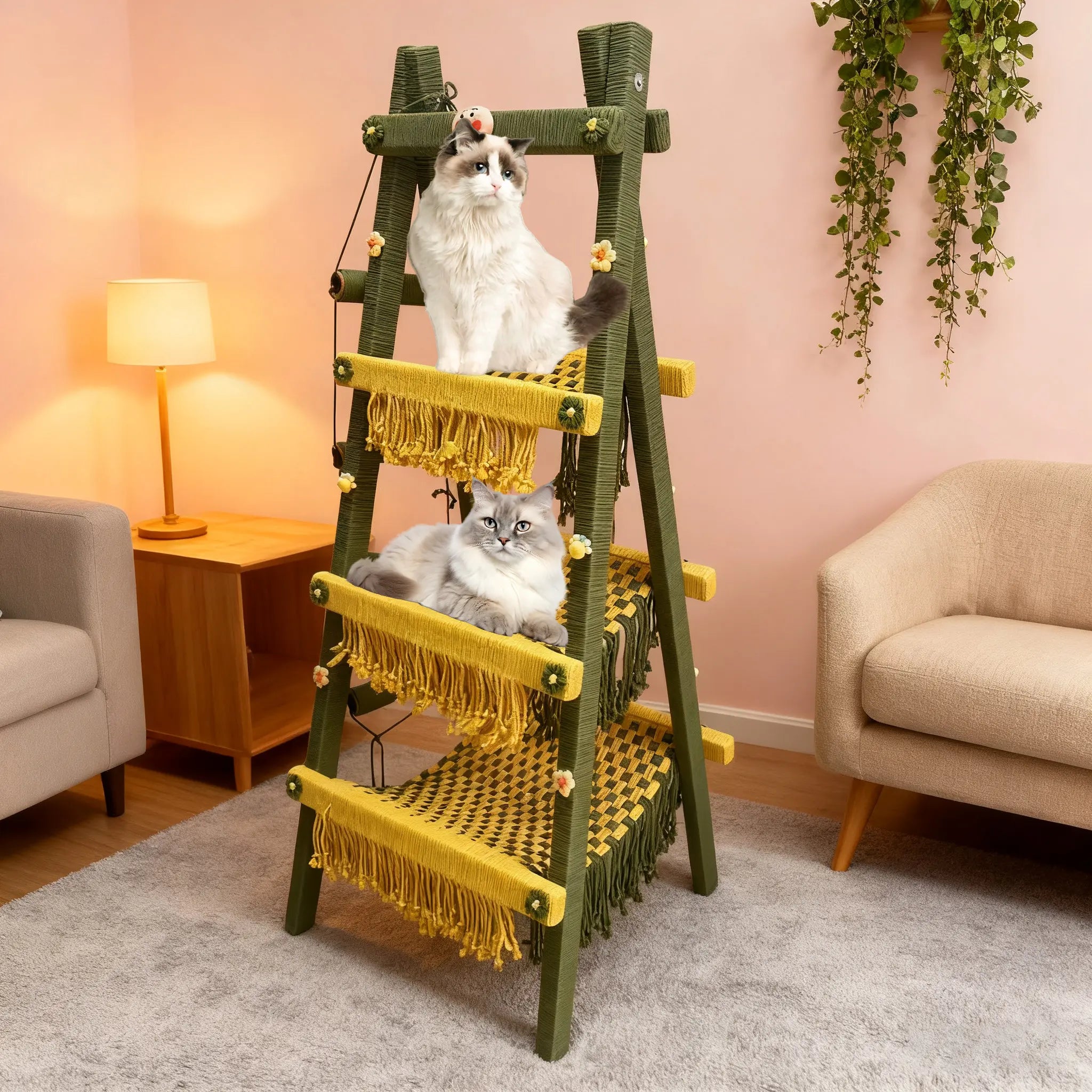 Forest green cat tree blending beautifully with living room home decor, stylish cat furniture for indoor cats.