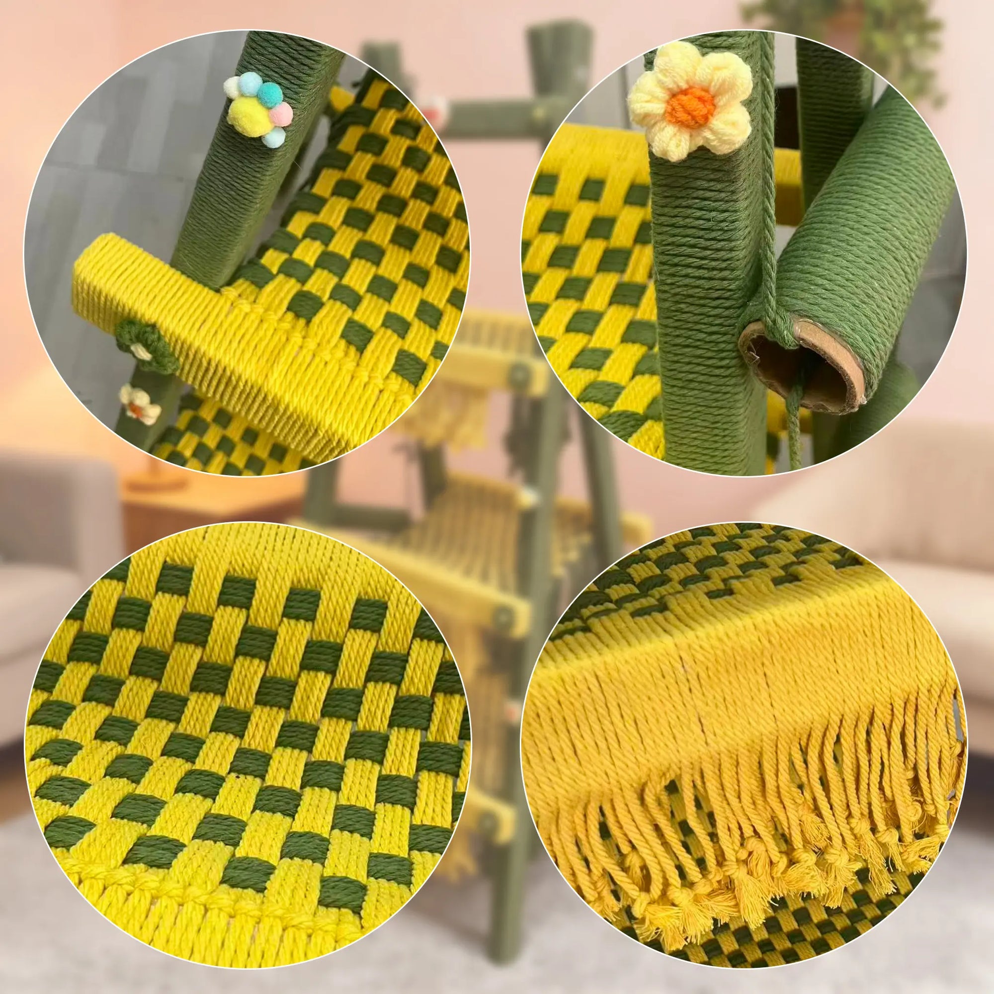 Close-up detail of green cat tree showing sustainable materials, soft touch surfaces and stable non-slip base.