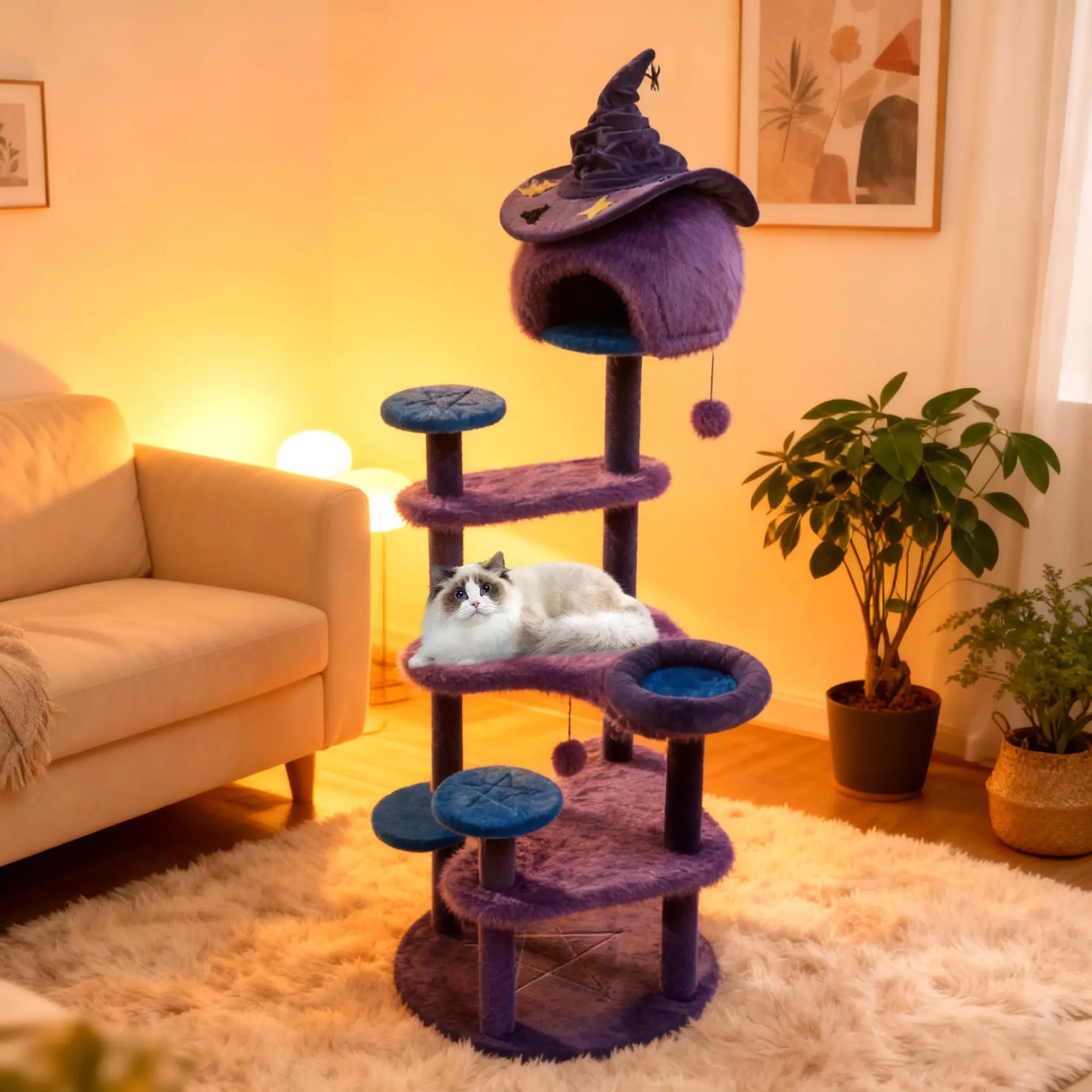 Purple Halloween cat tree styled with witch hat in cozy living room setting