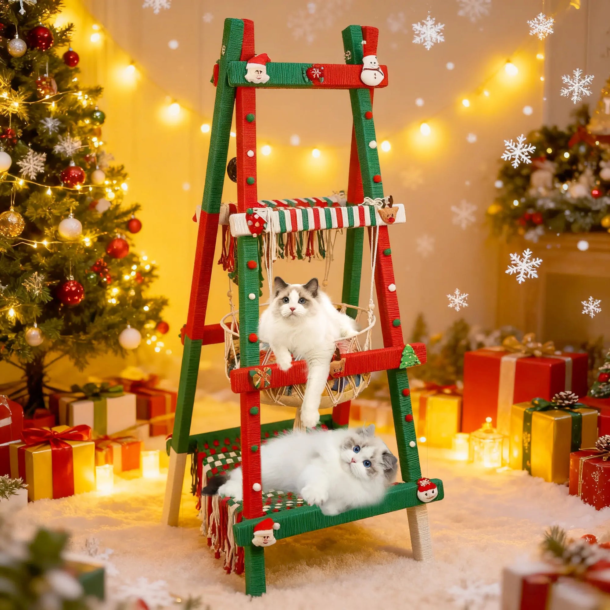 Christmas style cat tree in decorated living room, festive indoor cat furniture