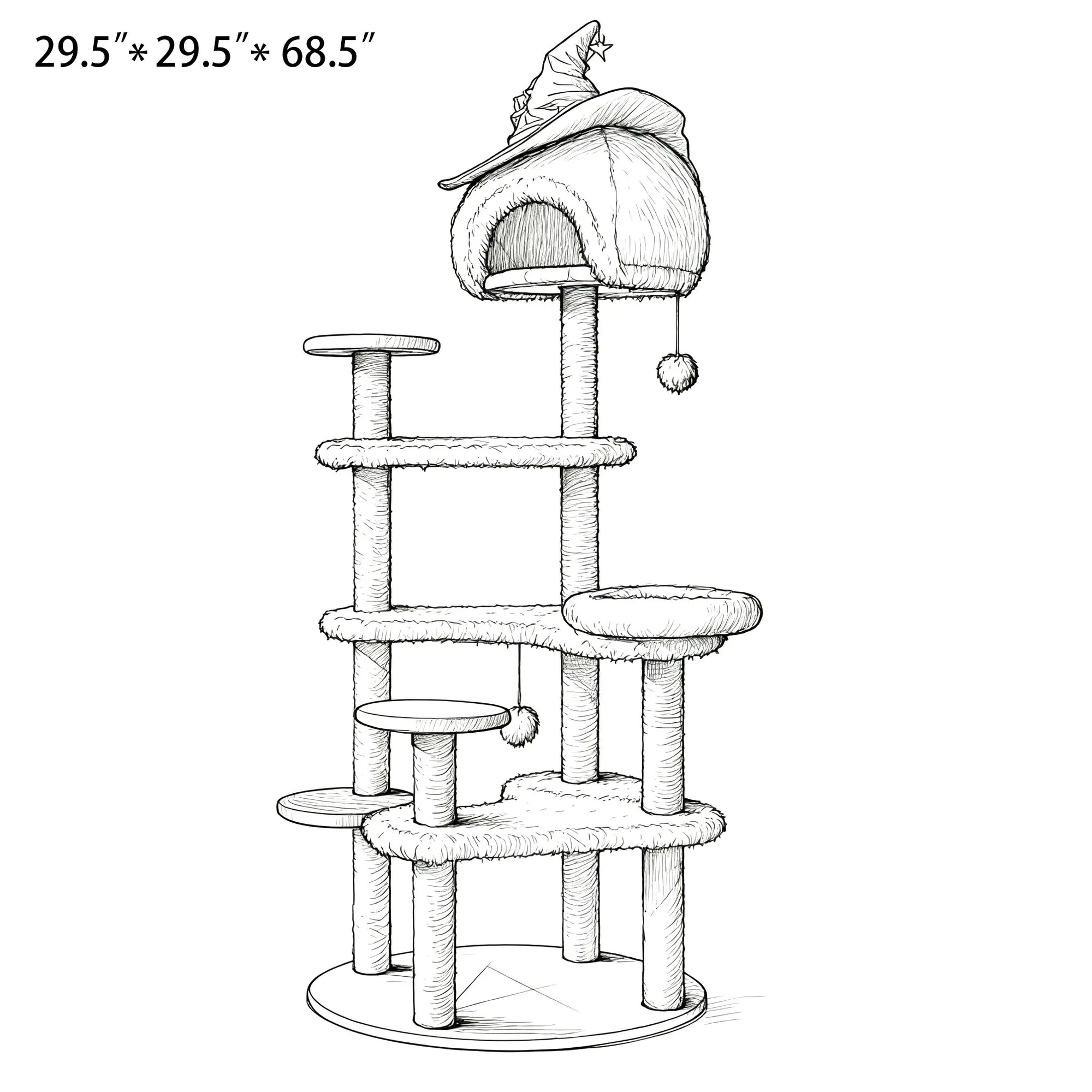 Design sketch of large purple Halloween cat tree with witch hat top