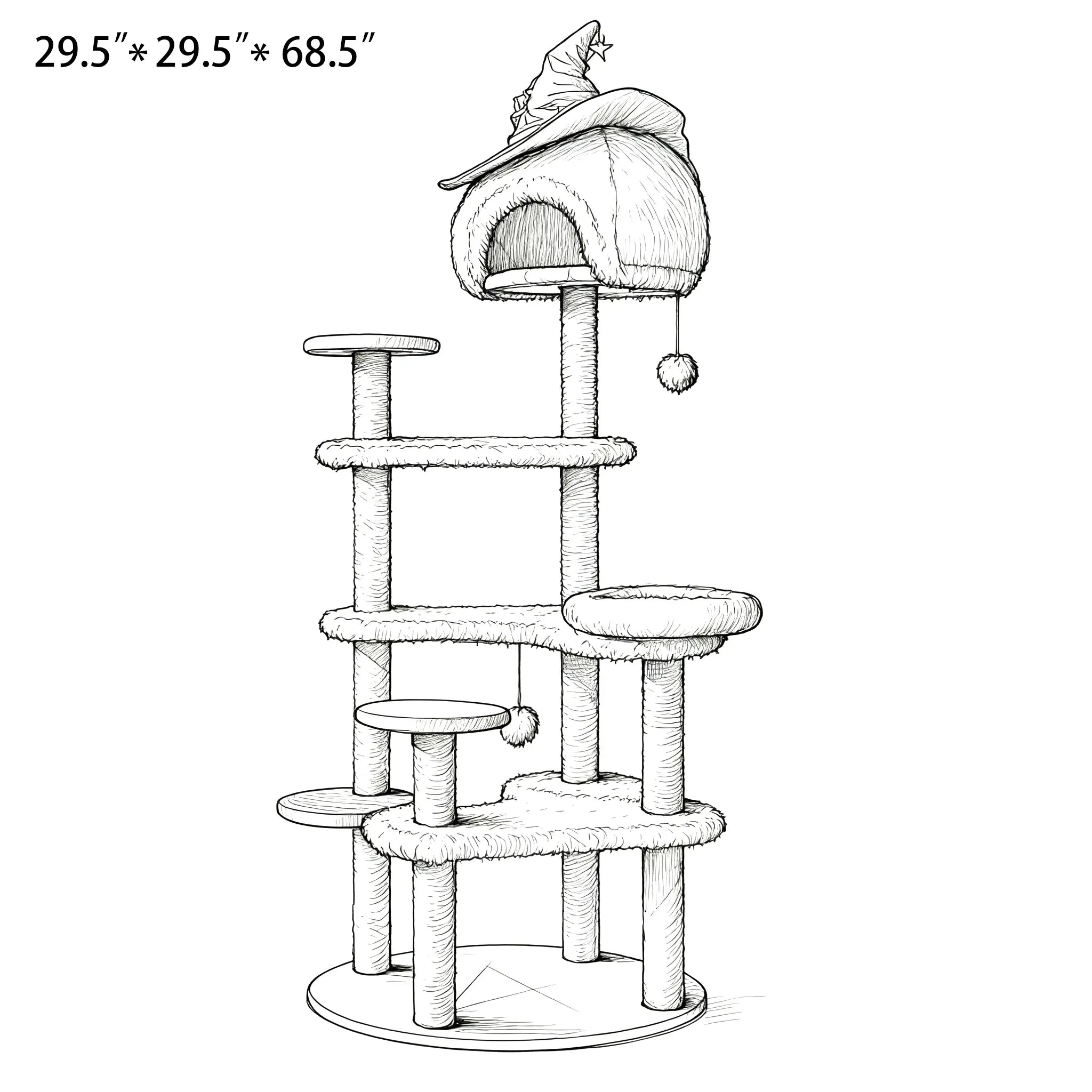 Design sketch of large purple Halloween cat tree with witch hat top