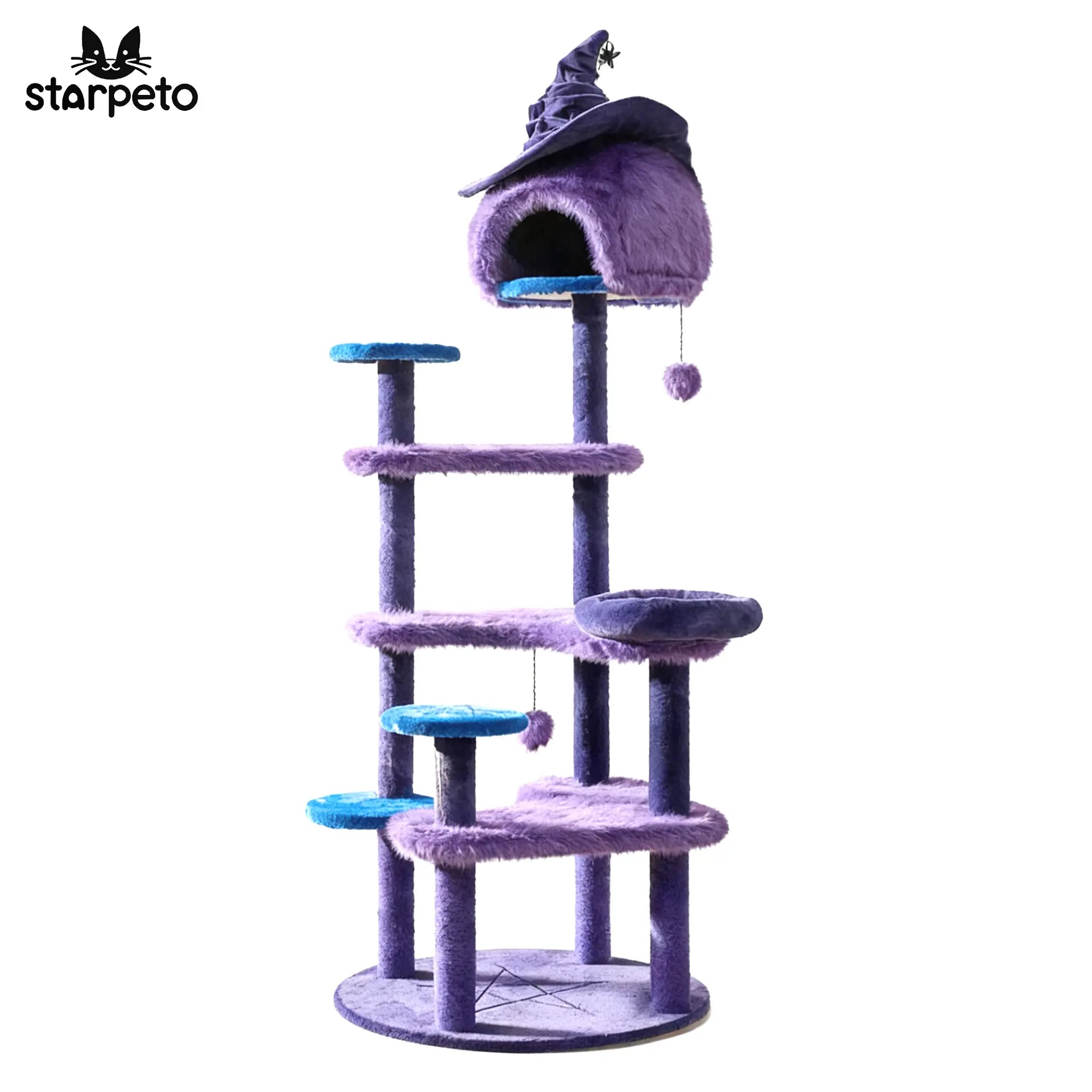 Large purple Halloween cat tree with witch hat top and multi-level design