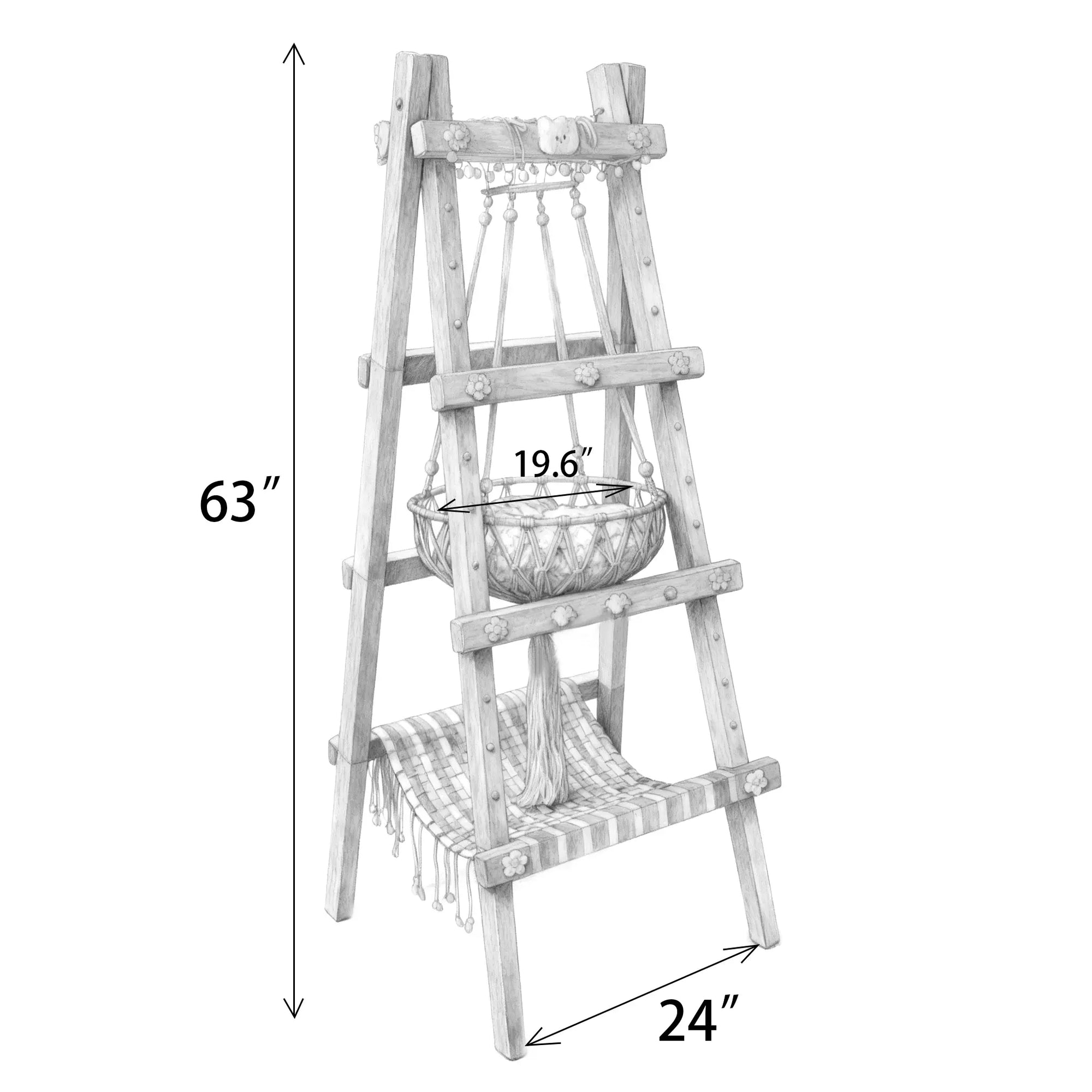 Design concept of lavender and white cat tree, multifunctional cat furniture combining climbing, resting and scratching levels.
