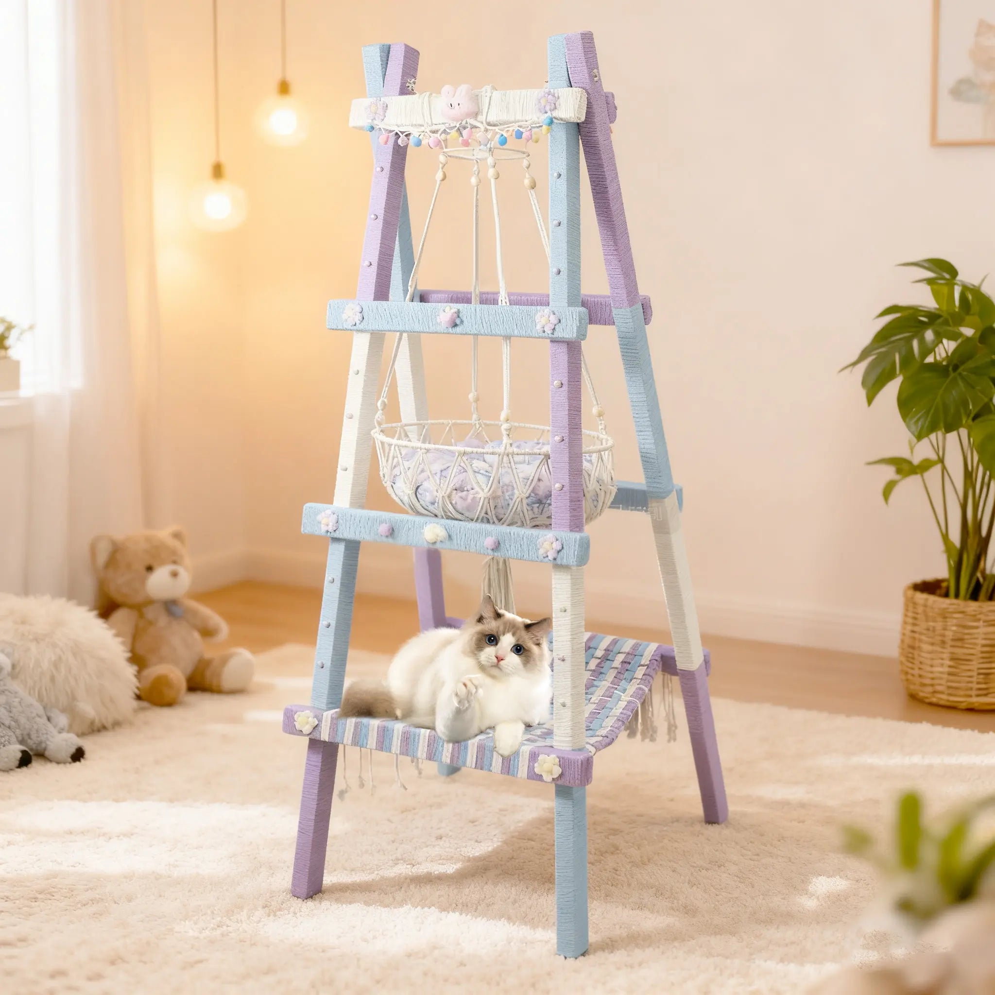 Lavender and white cat tree in cozy home decor setting, pastel style pet furniture ideal for indoor cats.