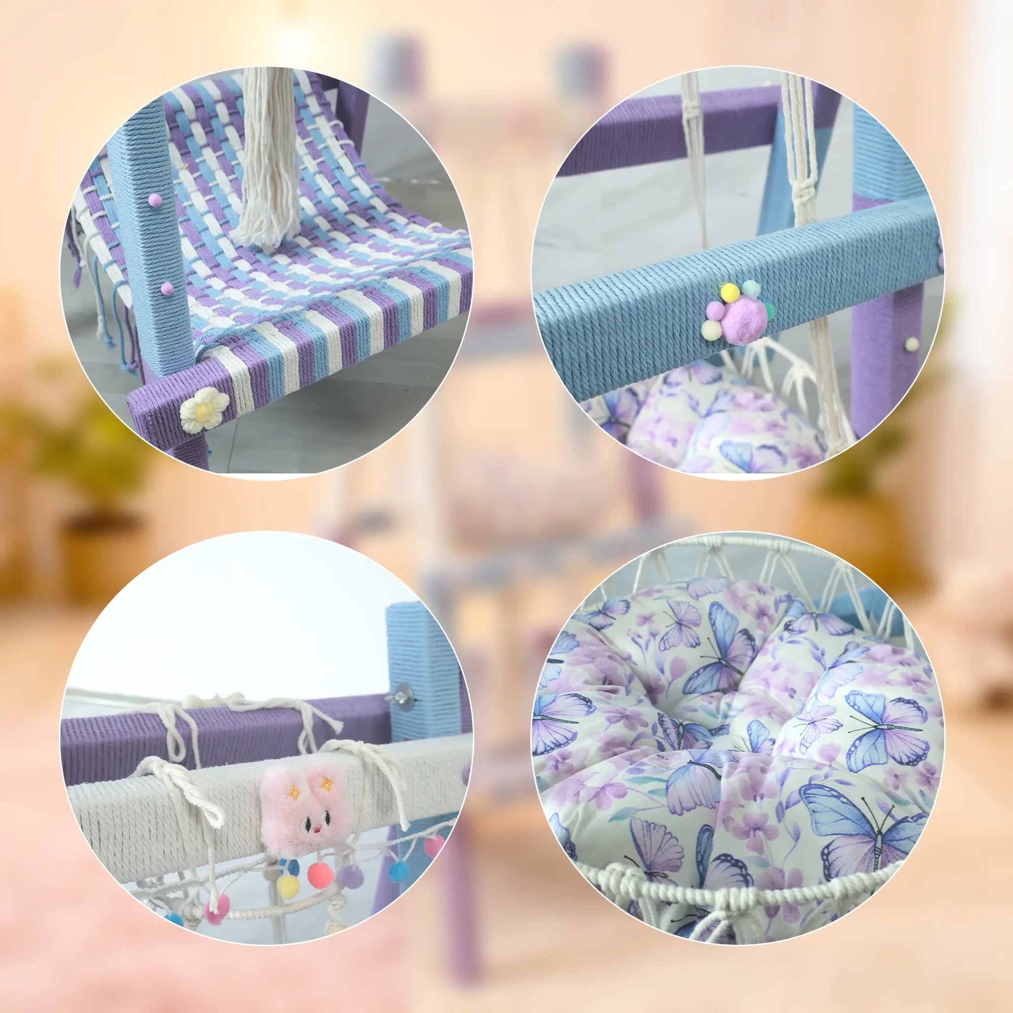 Detail of lavender and white cat tree showing soft fabric, non-toxic materials, stable base and sturdy structure.