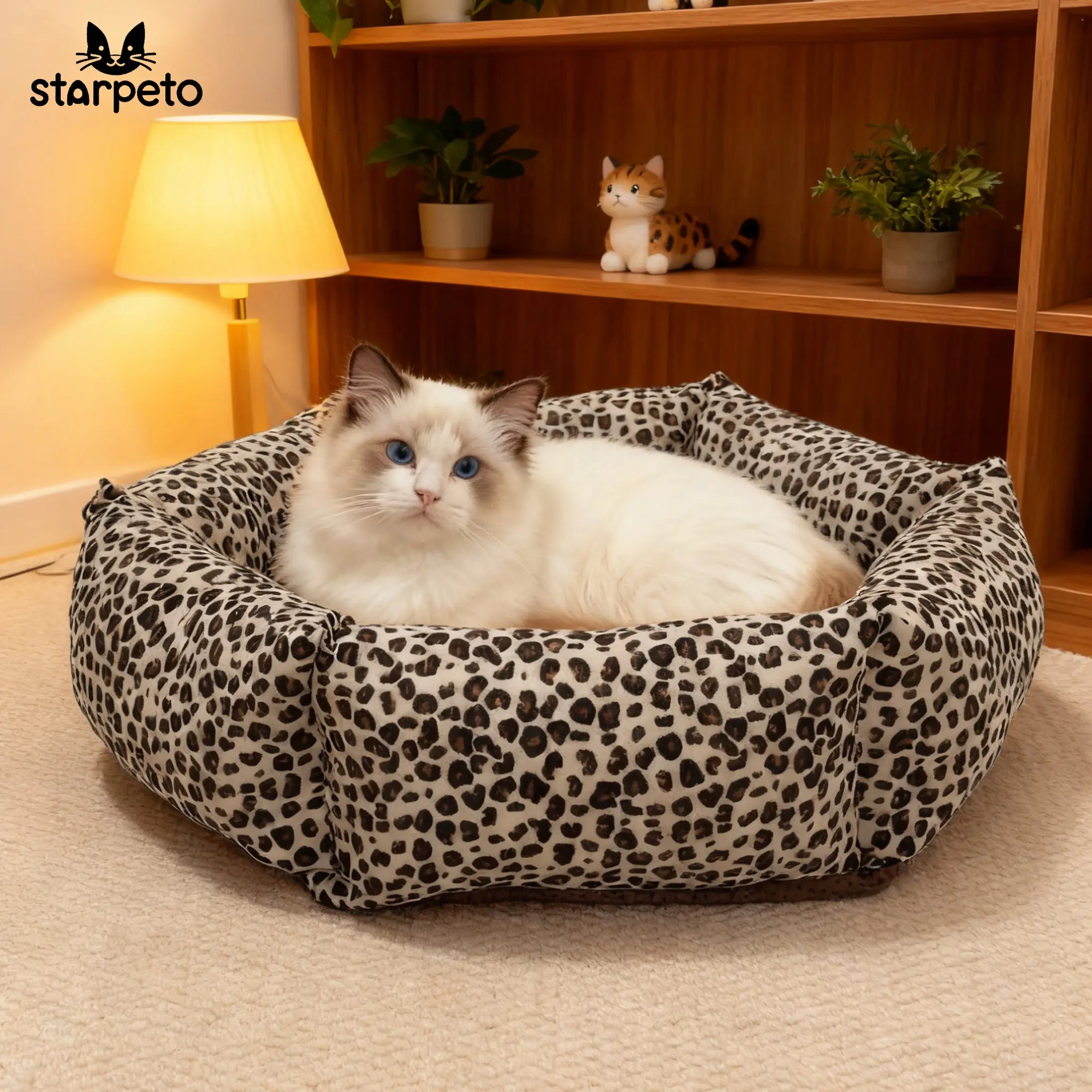 Leopard print cat bed with white base design for stylish indoor cats by Cat’s Nest