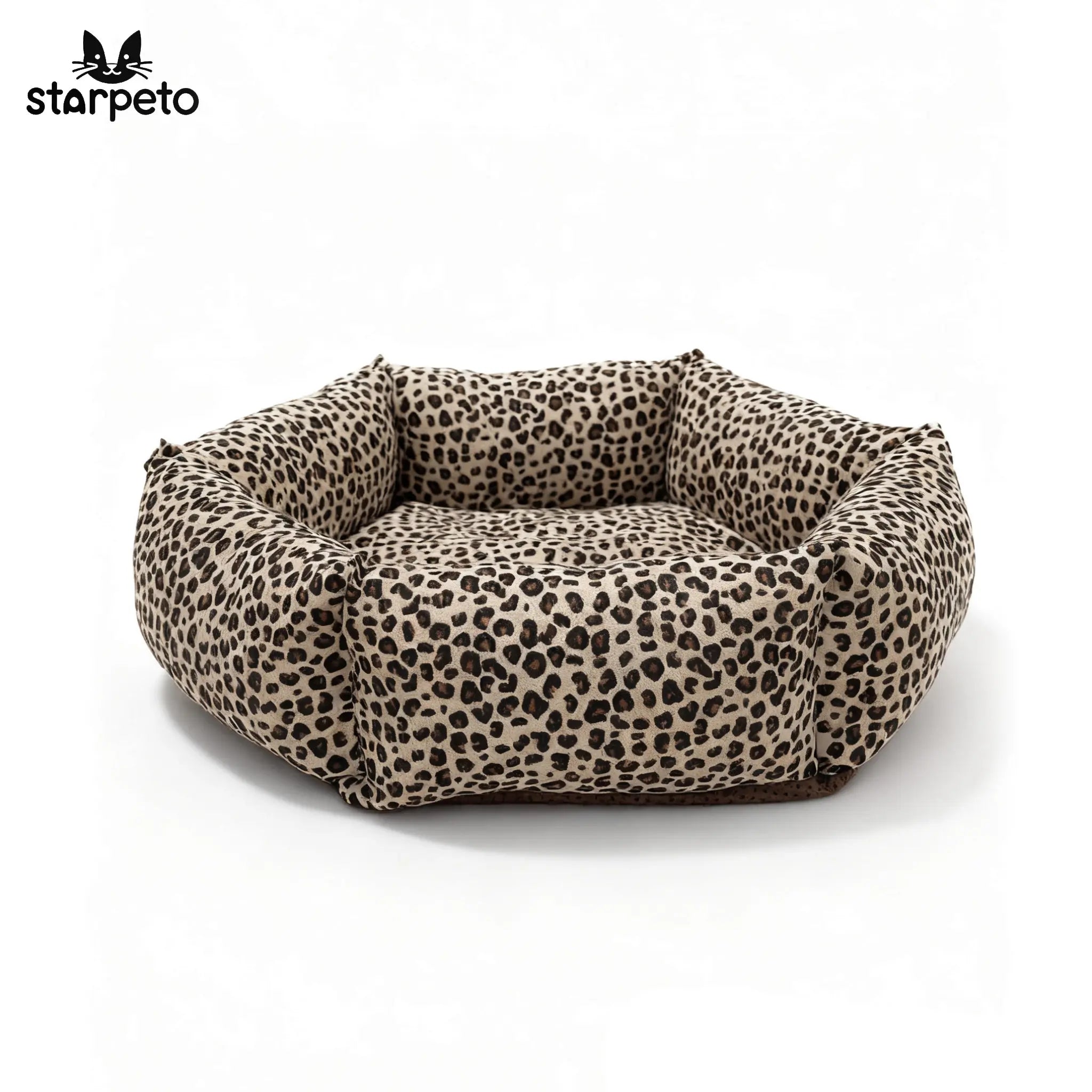 White background leopard print cat bed with soft plush cushion for pets
