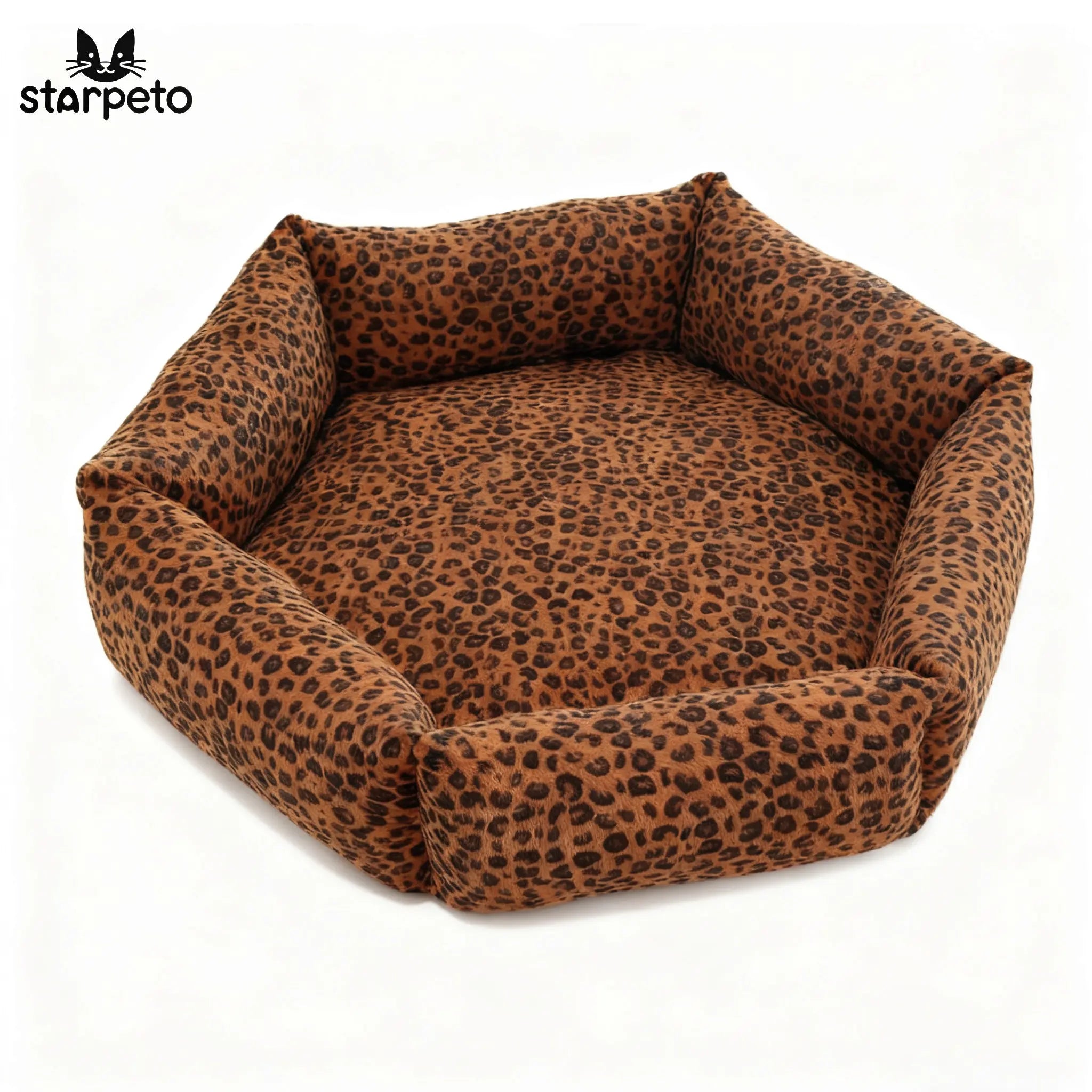 Leopard print pet bed with 'starpeto' branding on a white background