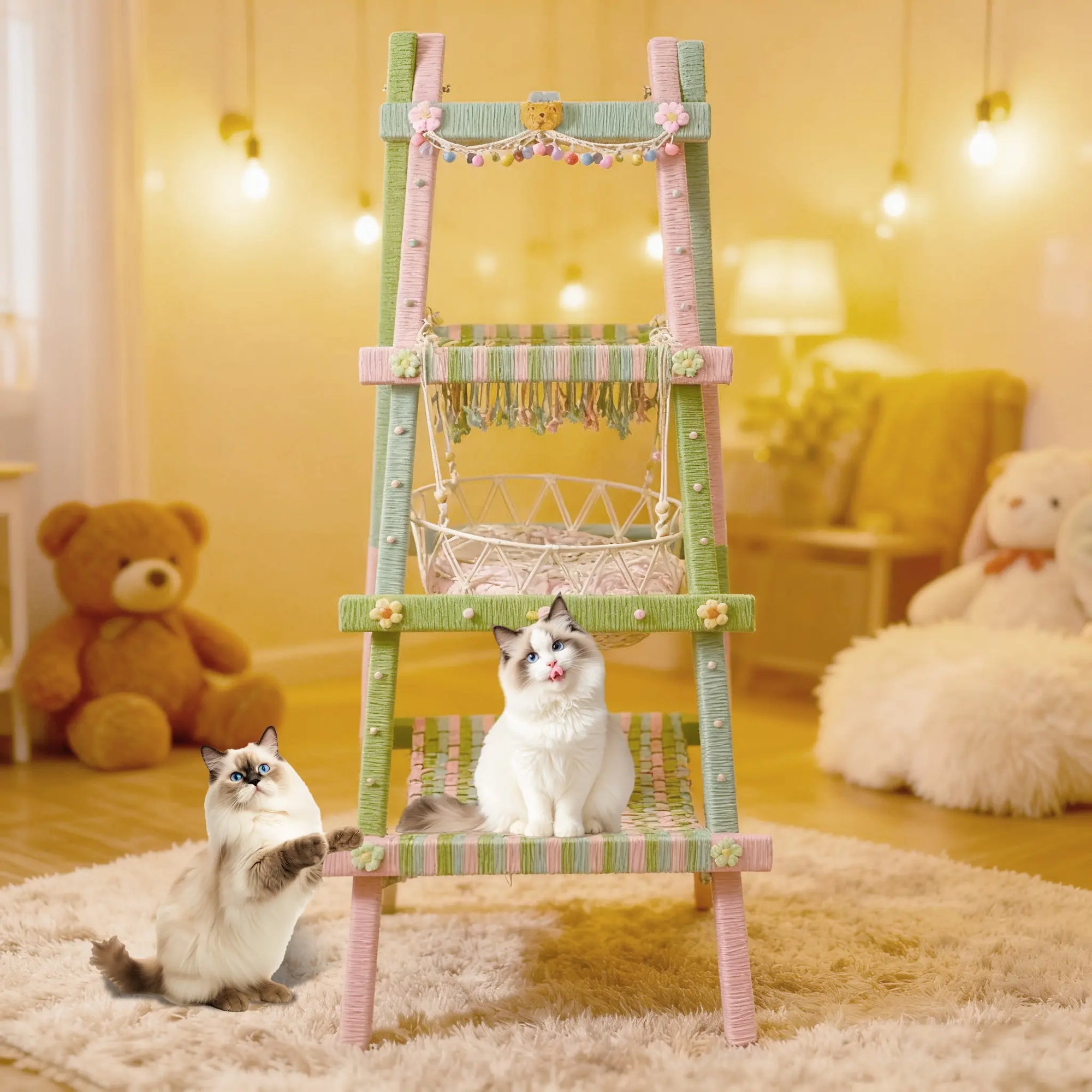 Morandi style cat tree in living room showing center hanging plant, eco-friendly pet furniture for indoor cats.