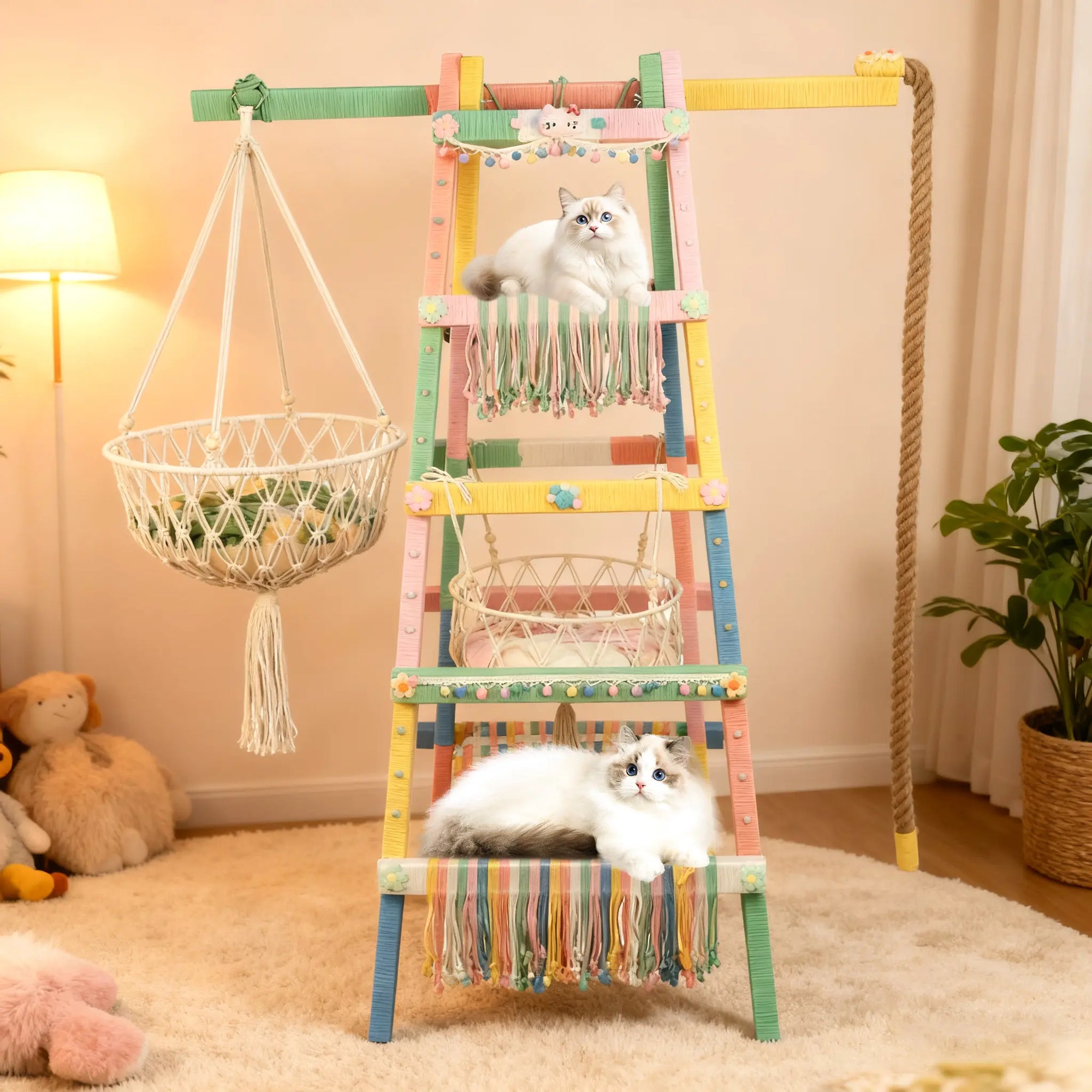 Pastel dopamine color cat tree featuring hanging plants and natural jute rope, blending with cozy home decor.