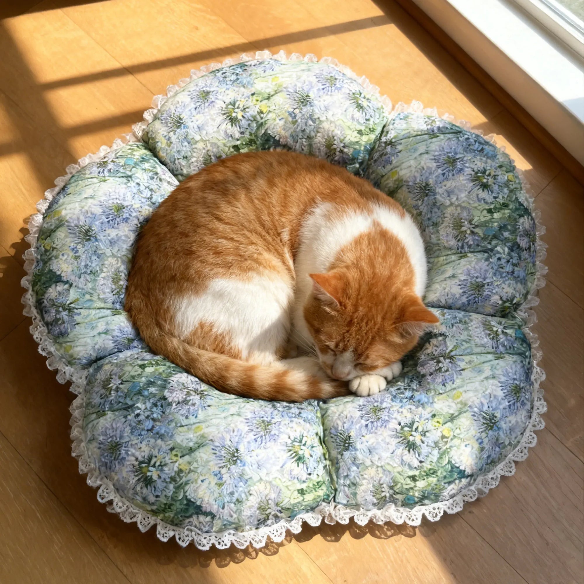 Senior cat sleeping in petal-shaped orthopedic cat bed with soft support and a calm, elegant home look.