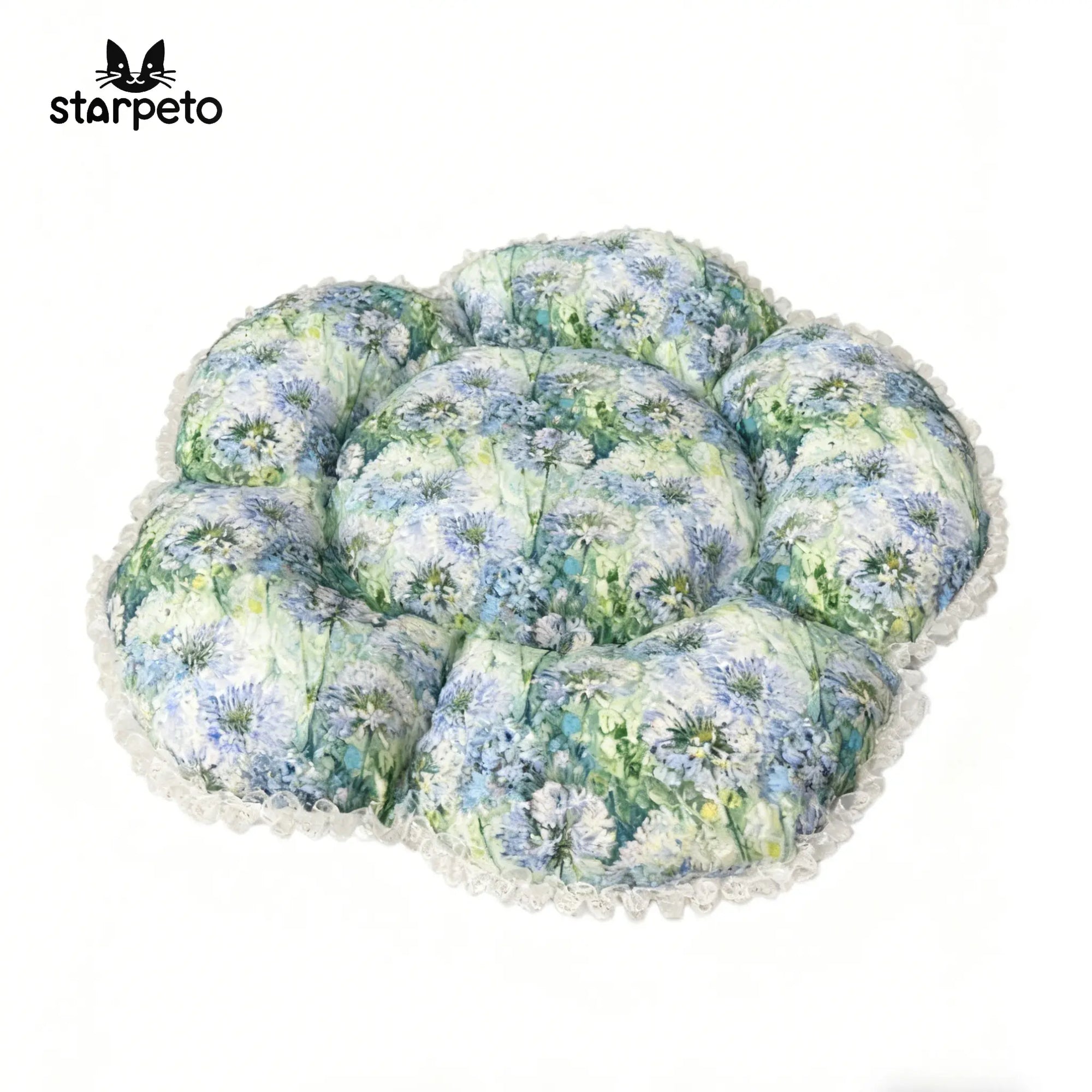 White background product photo of the Morandi color petal cat bed, highlighting the aesthetic and unique flower shape.
