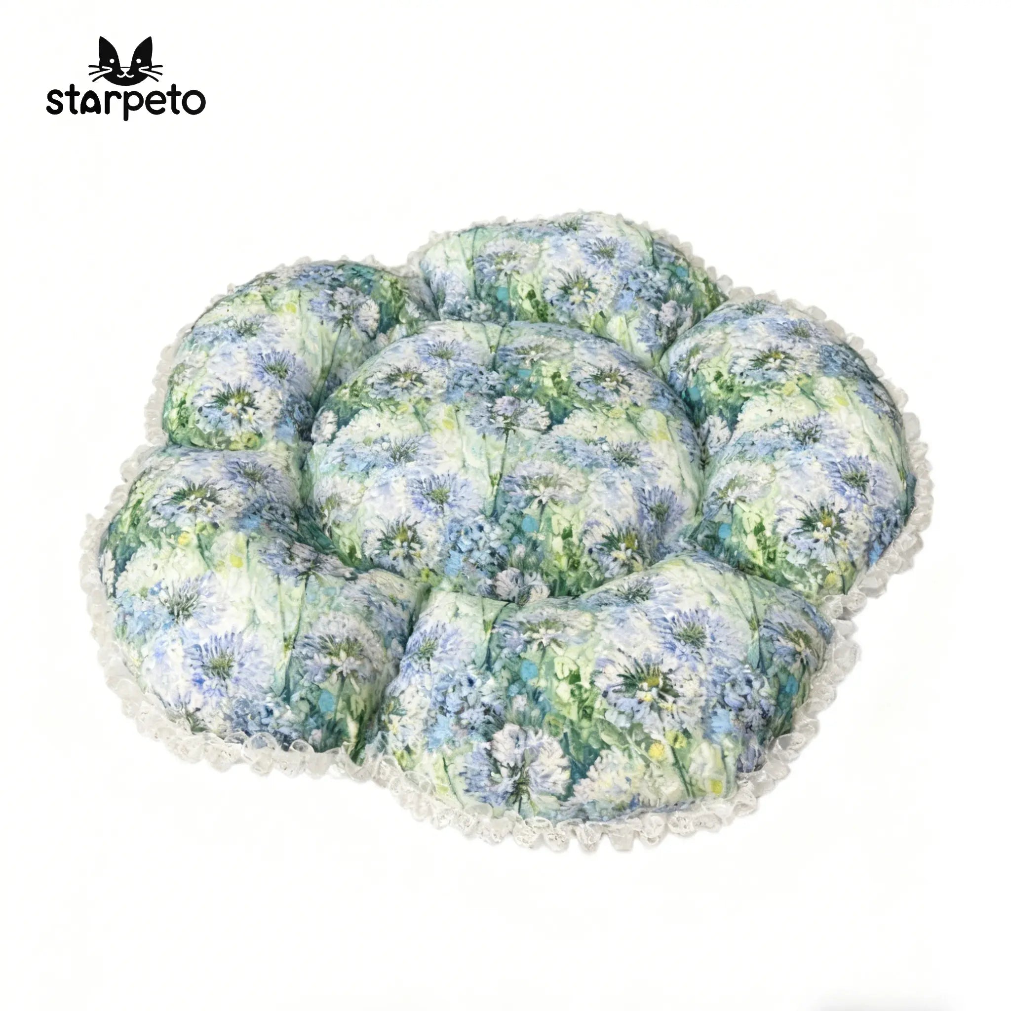 White background product photo of the Morandi color petal cat bed, highlighting the aesthetic and unique flower shape.