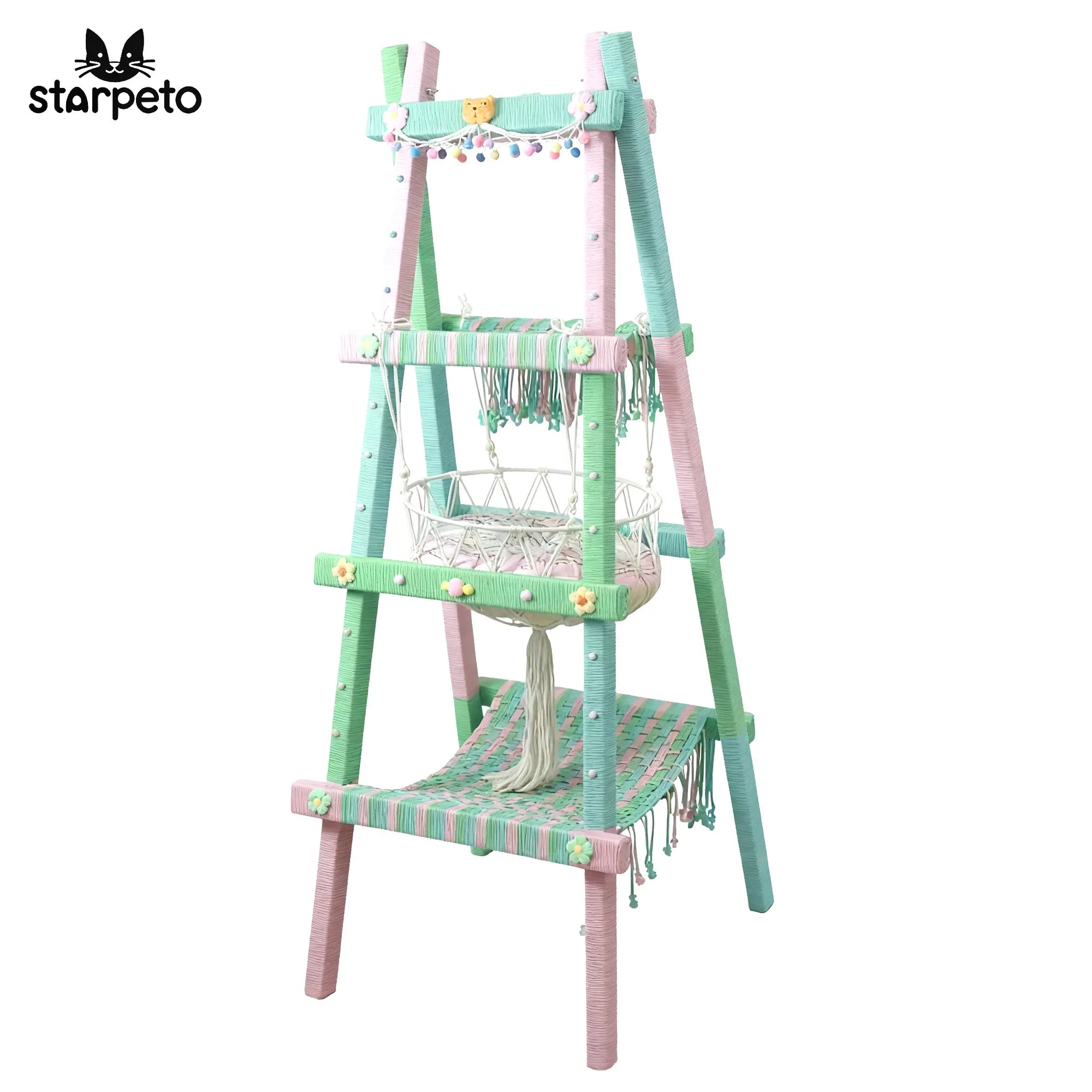 Morandi tone cat tree with central hanging plant, modern minimalist design for large cats, scratching & climbing tower.