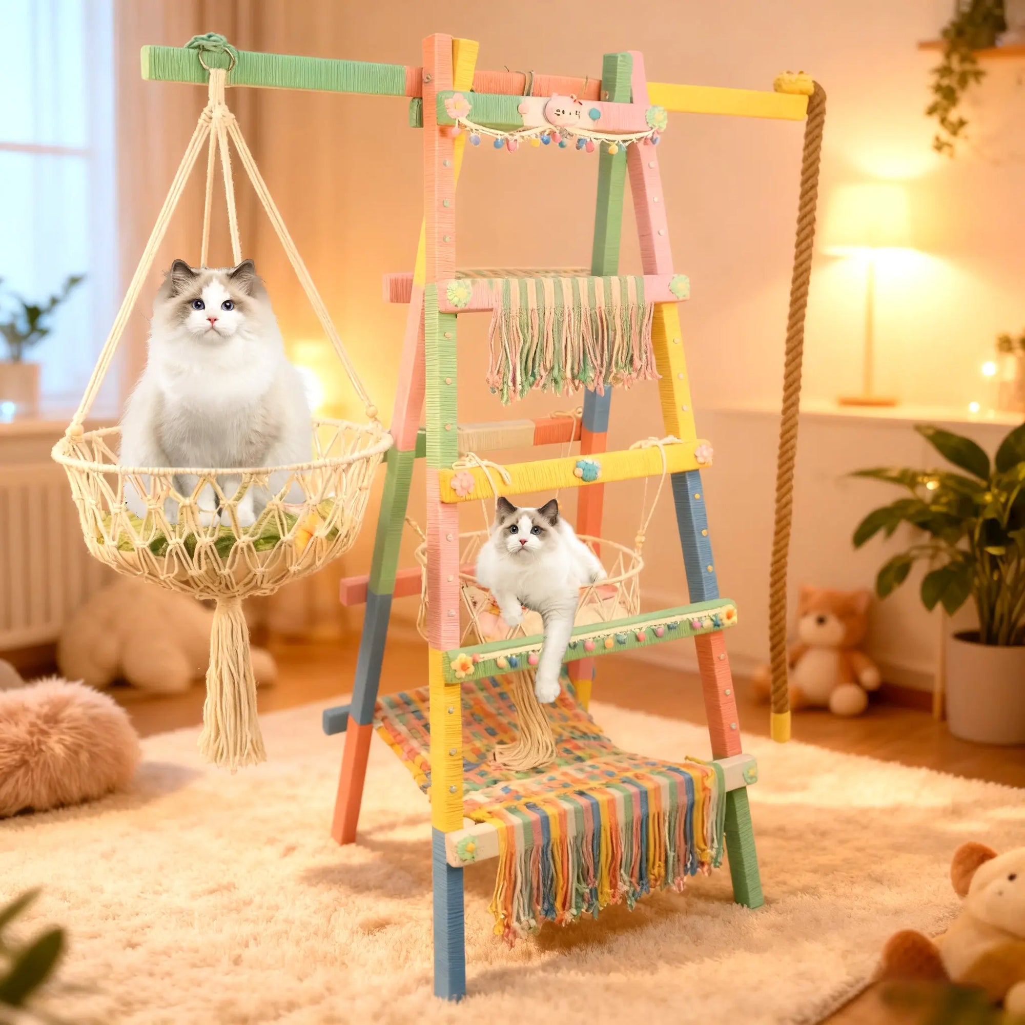 Modern dopamine color cat tower with jute rope climbing zone and decorative hanging plants in living room.
