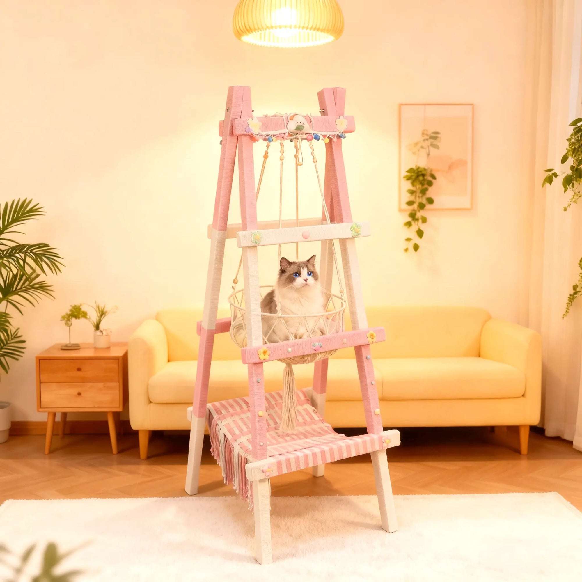 Dopamine style pastel cat tree in cozy home scene, aesthetic indoor cat furniture for cats