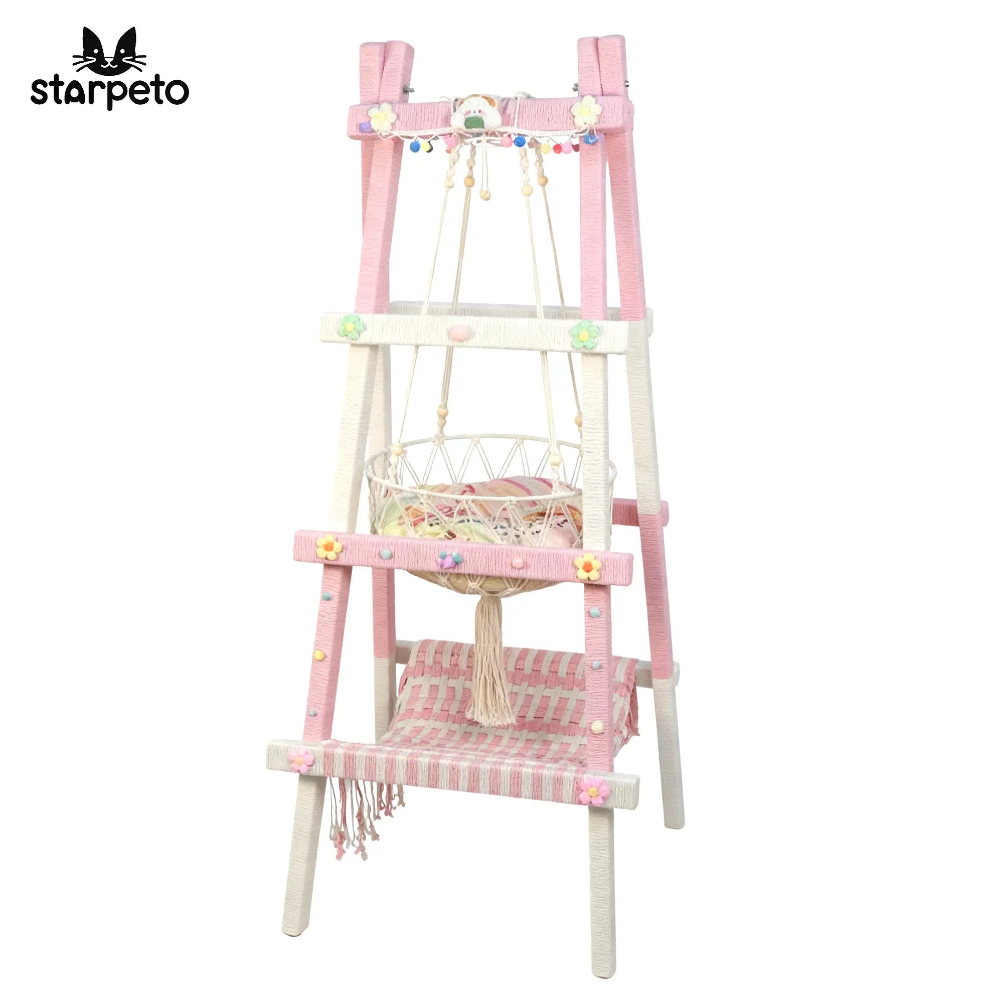 Pastel cat tree in pink and white macaron colors, dopamine style indoor cat furniture on white background	