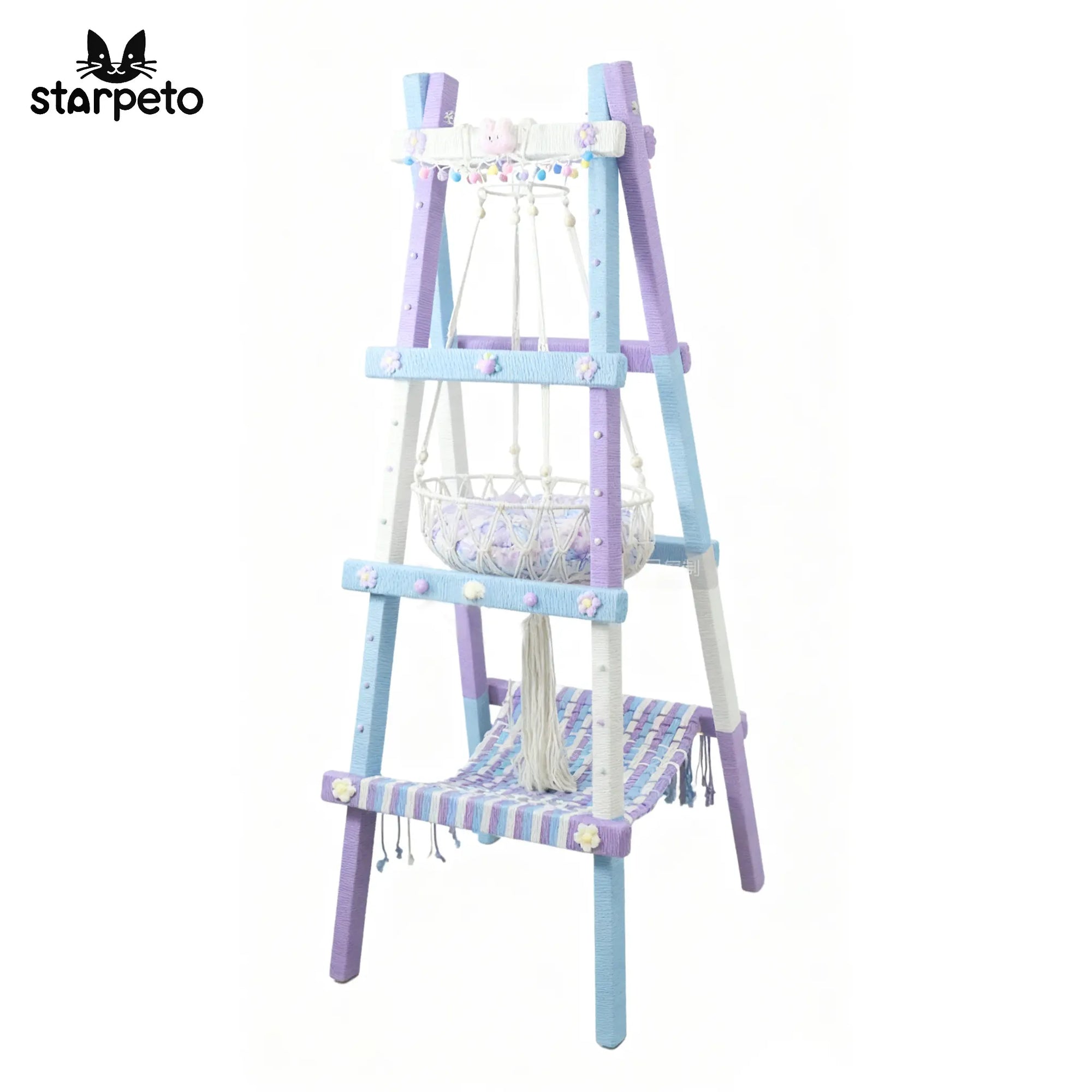 Pastel lavender and white cat tree for indoor cats, modern aesthetic multi-level tower with platforms and scratching post.